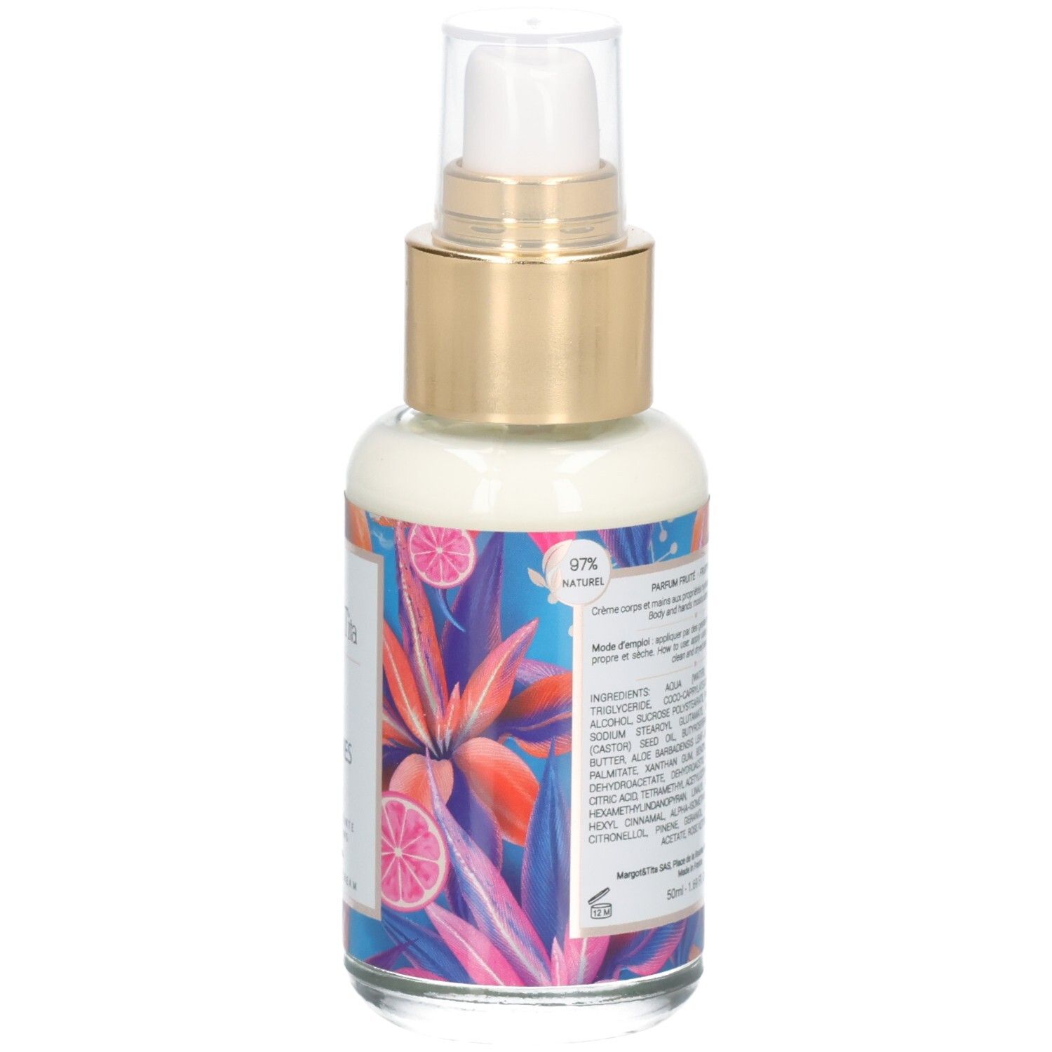 Rückseite der Margot & Tita Handcreme mit Inhaltsstoffen und floralem Design.