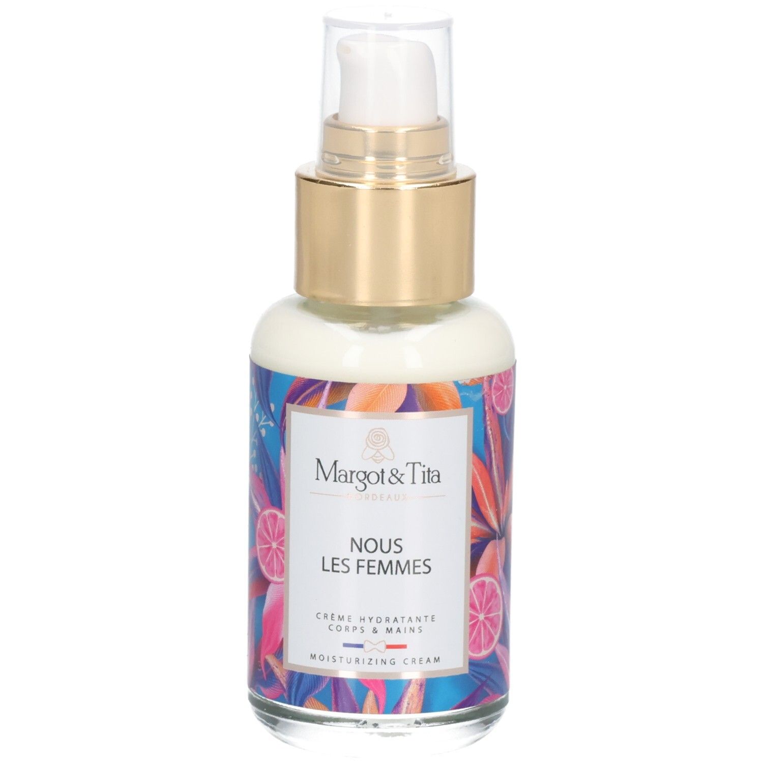Margot & Tita Handcreme mit Pumpspender und floralem Design.