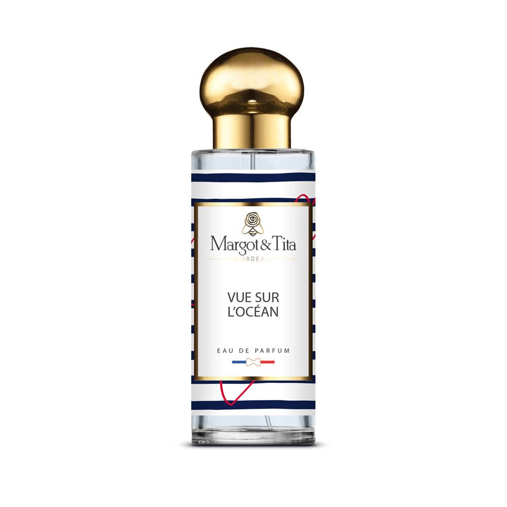 Bouteille de Margot & Tita Vue Sur Océan Eau de Parfum avec bouchon doré et étiquette rayée bleu et blanc.