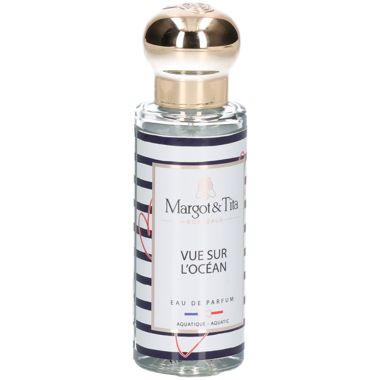 Margot & Tita Vue Sur Océan Eau de Parfum Flasche mit goldenem Verschluss und blau-weiß gestreiftem Etikett.