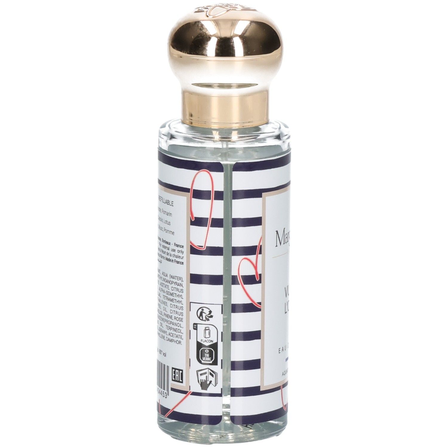 Rückseite der Margot & Tita Vue Sur Océan Eau de Parfum Flasche mit Inhaltsstoffen und Zertifizierungen.