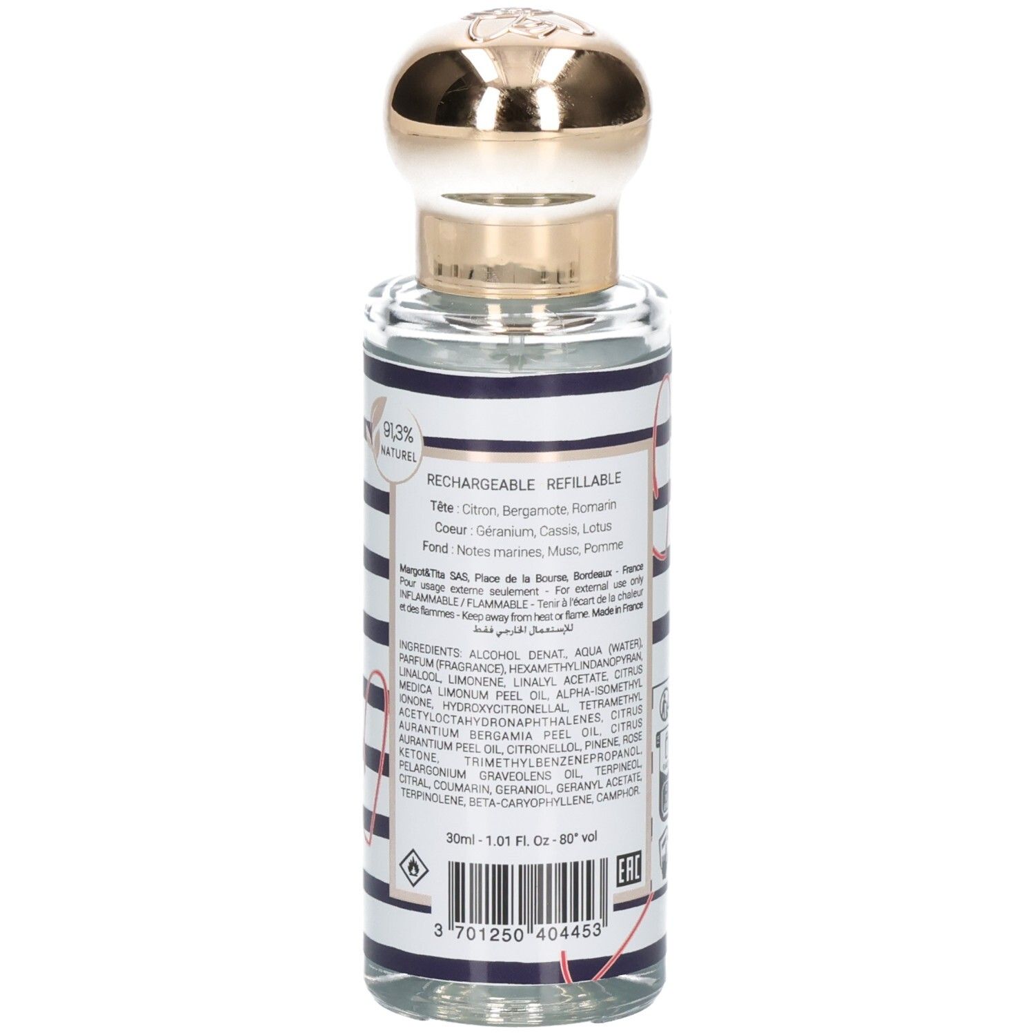Detailansicht der Margot & Tita Vue Sur Océan Eau de Parfum Flasche mit Hinweis auf Nachfüllbarkeit und Inhaltsstoffen.