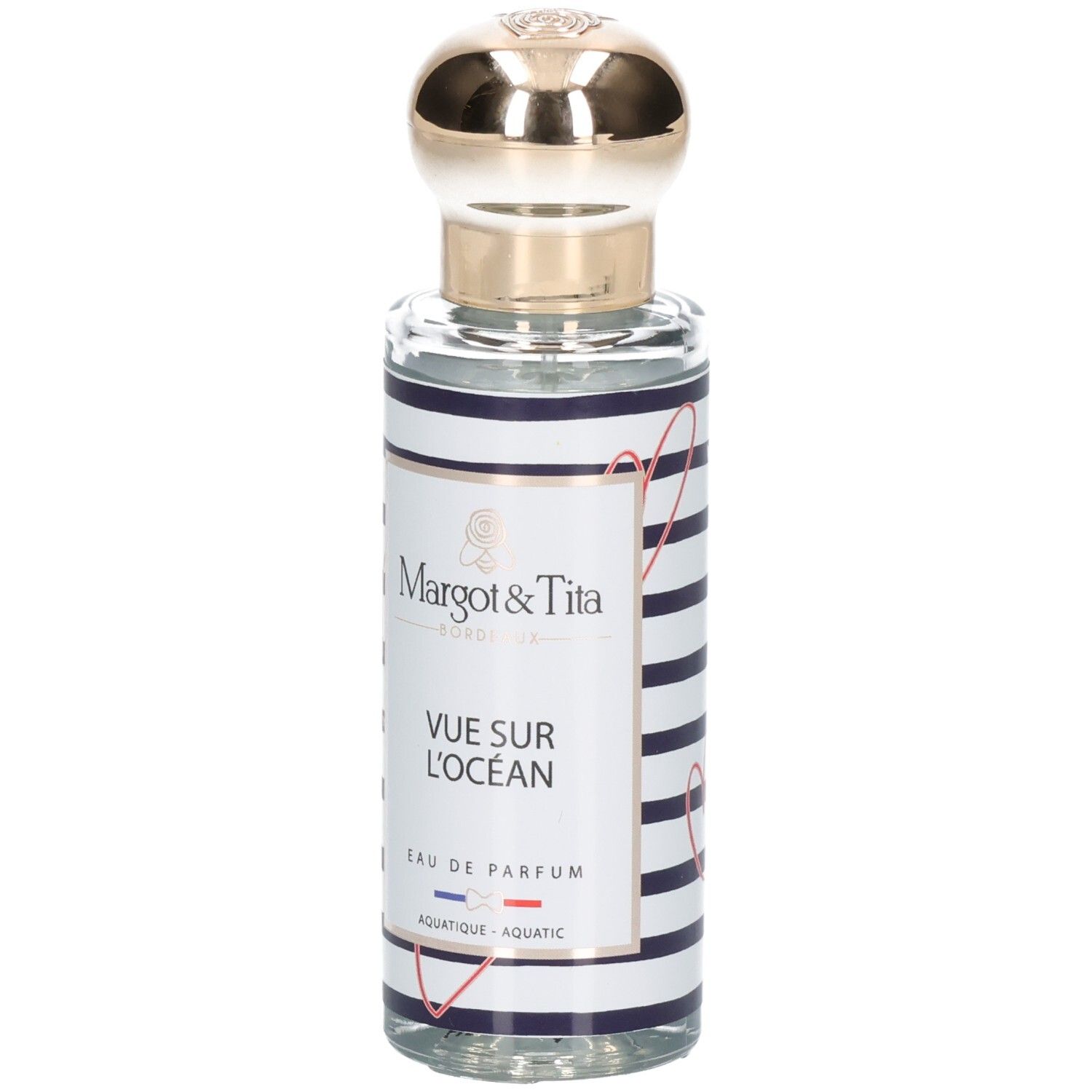 Margot & Tita Vue Sur Océan Eau de Parfum Flasche mit goldenem Verschluss und blau-weiß gestreiftem Etikett.