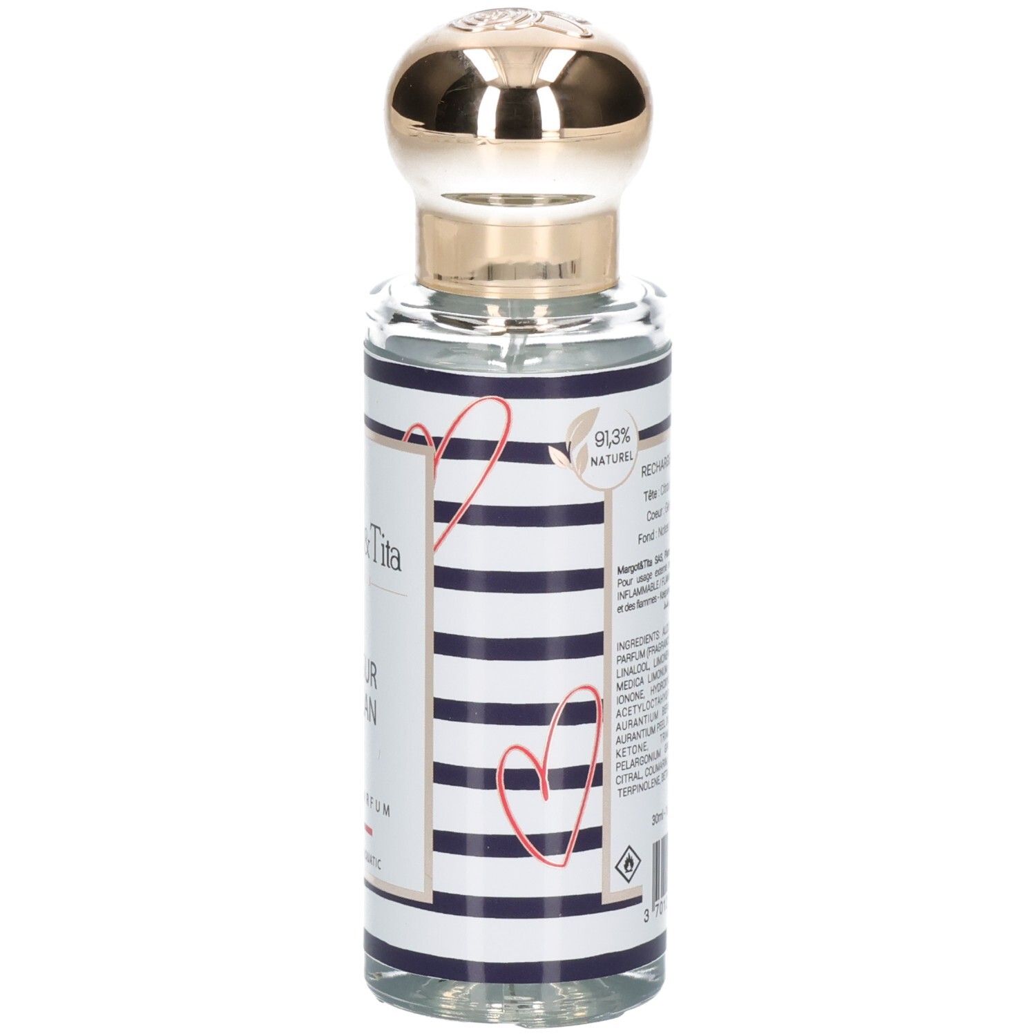Margot & Tita Vue Sur Océan Eau de Parfum Flasche mit goldenem Verschluss, seitlicher Ansicht und Etikettendetails.