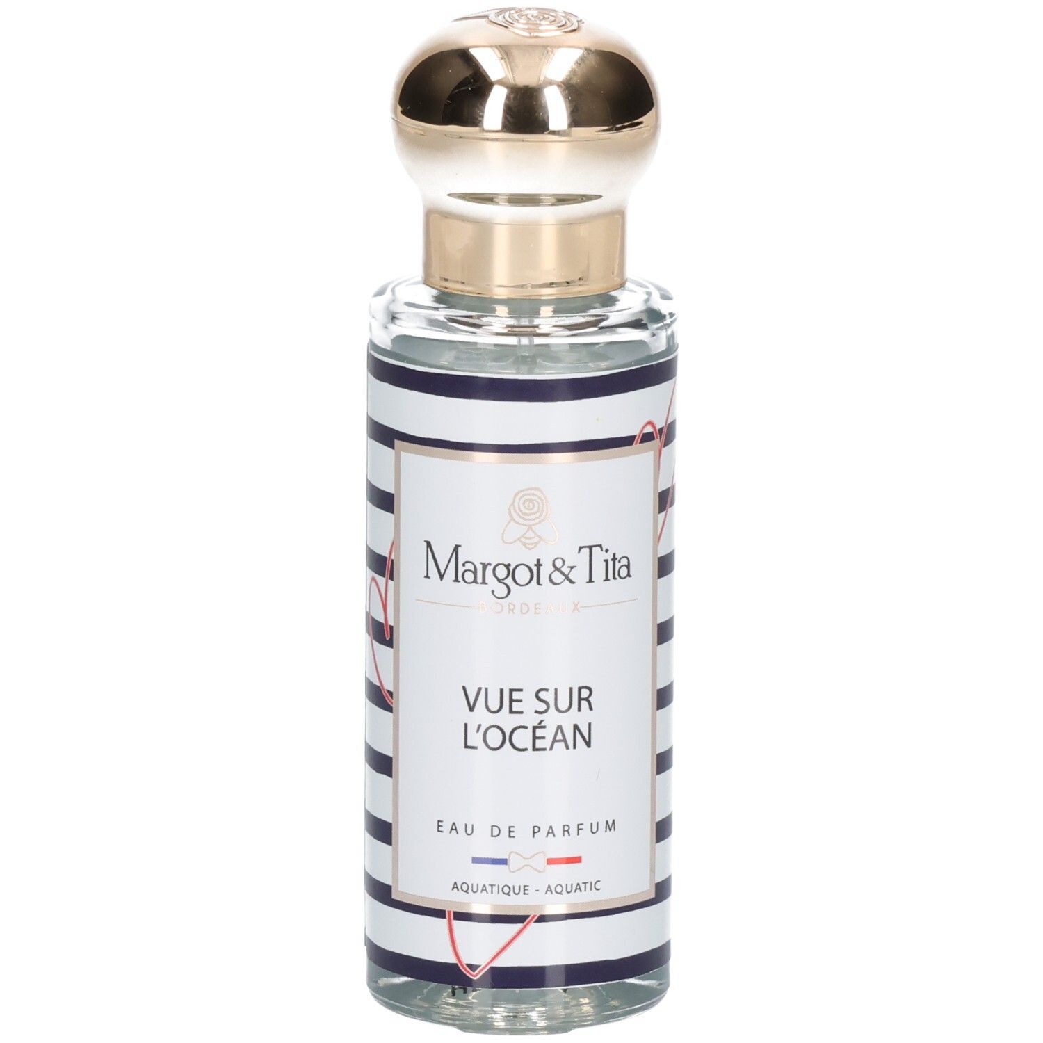 Margot & Tita Vue Sur Océan Eau de Parfum Flasche mit goldenem Verschluss und blau-weiß gestreiftem Etikett.