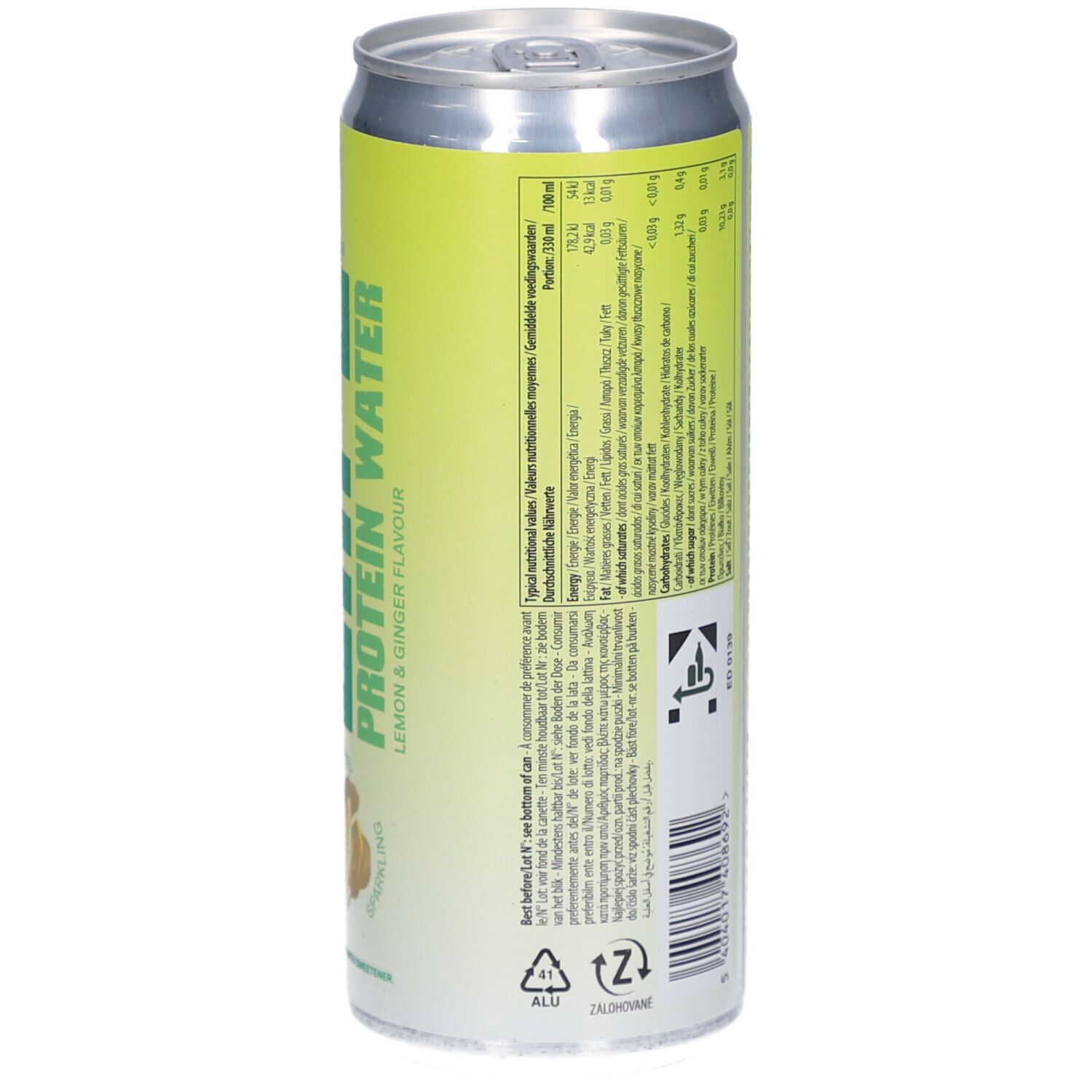 Rückseite der Dose mit Nährwertangaben und Zutatenliste. Text in mehreren Sprachen. 330 ml. Recycling-Symbol.