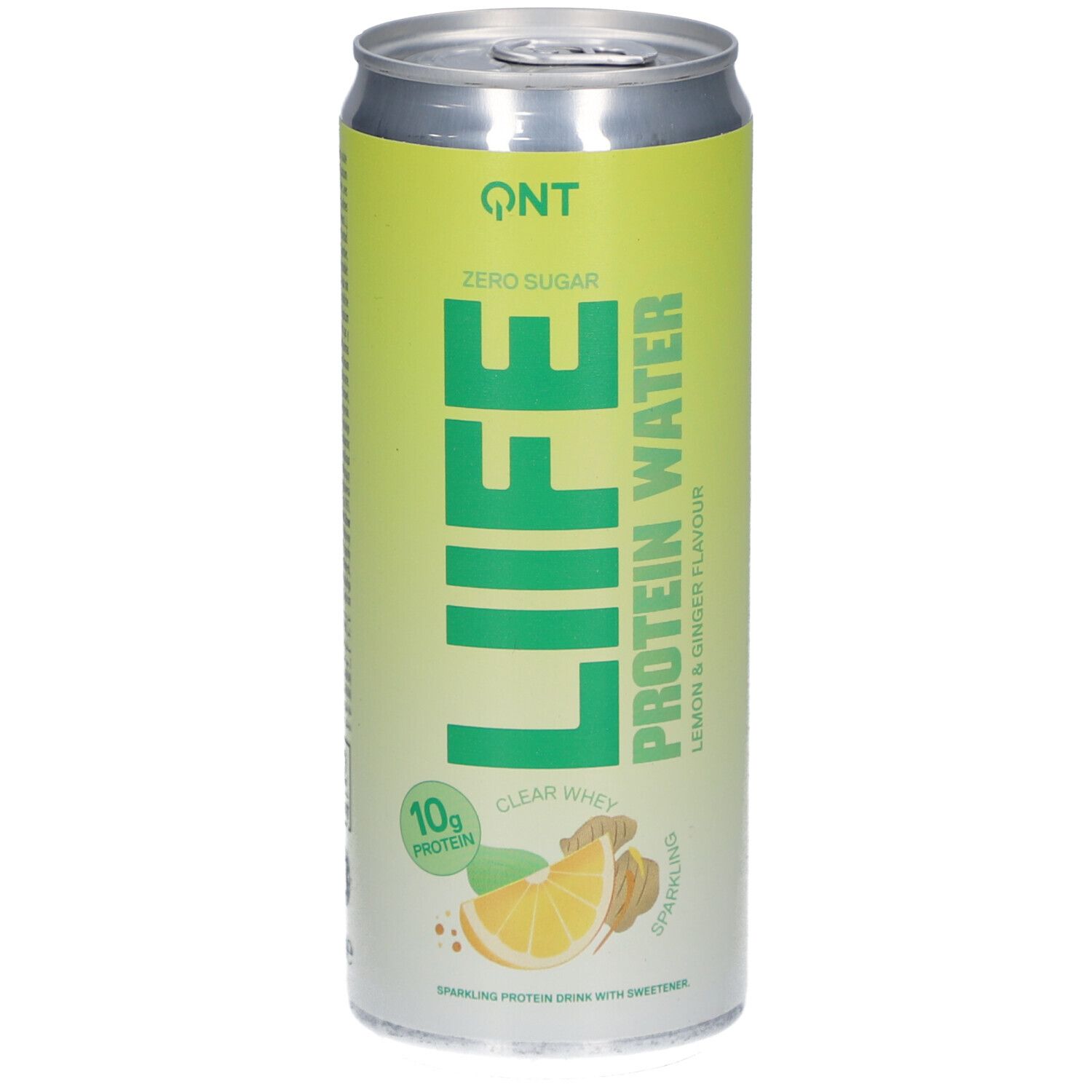 Zylinderdose mit QNT Life Protein Water. Aufschrift: Zero Sugar, Life Protein Water, Zitrone & Ingwer. 10g Protein. Abbildung Zitrone & Ingwer.