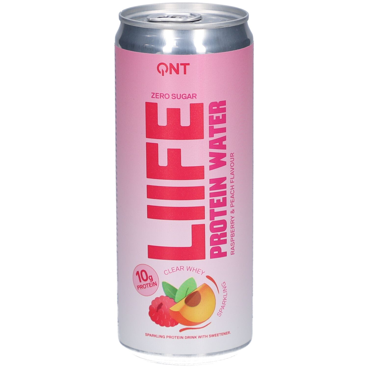 Dose QNT Life Protein Water. Rosa-weißes Design. Aufschrift: Life Protein Water, Himbeer-Pfirsich. 10g Protein. Zero Sugar.