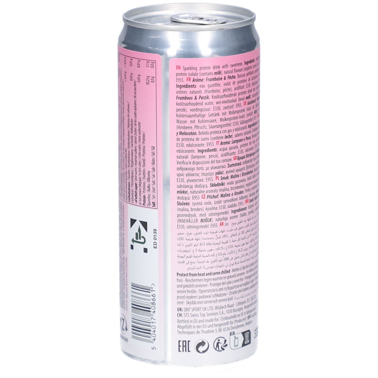 Seite der Dose QNT Life Protein Water. Enthält Zutatenliste, Nährwertangaben und weitere Informationen. Barcode.