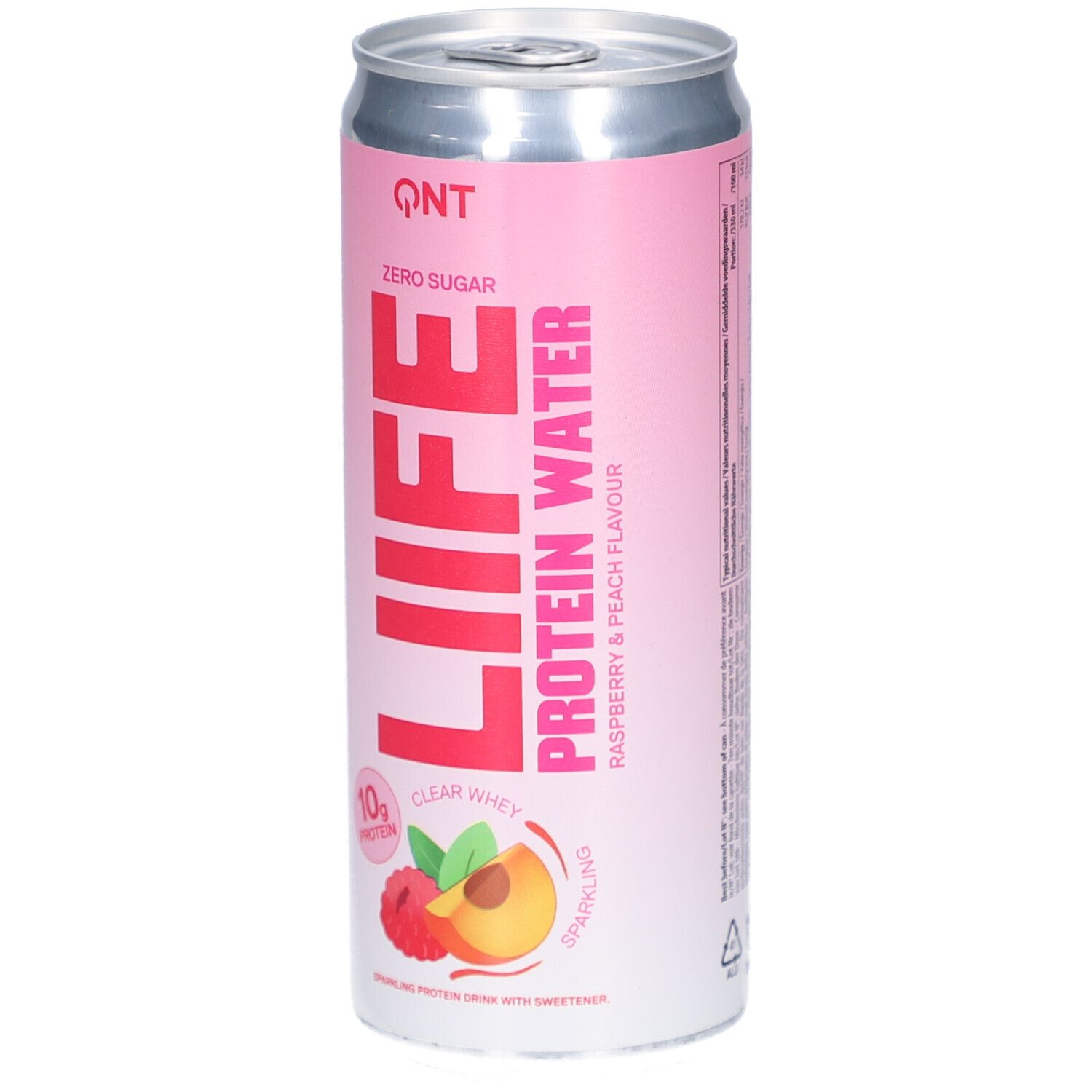 Dose QNT Life Protein Water. Rosa-weißes Design. Aufschrift: Life Protein Water, Himbeer-Pfirsich. 10g Protein. Zero Sugar.