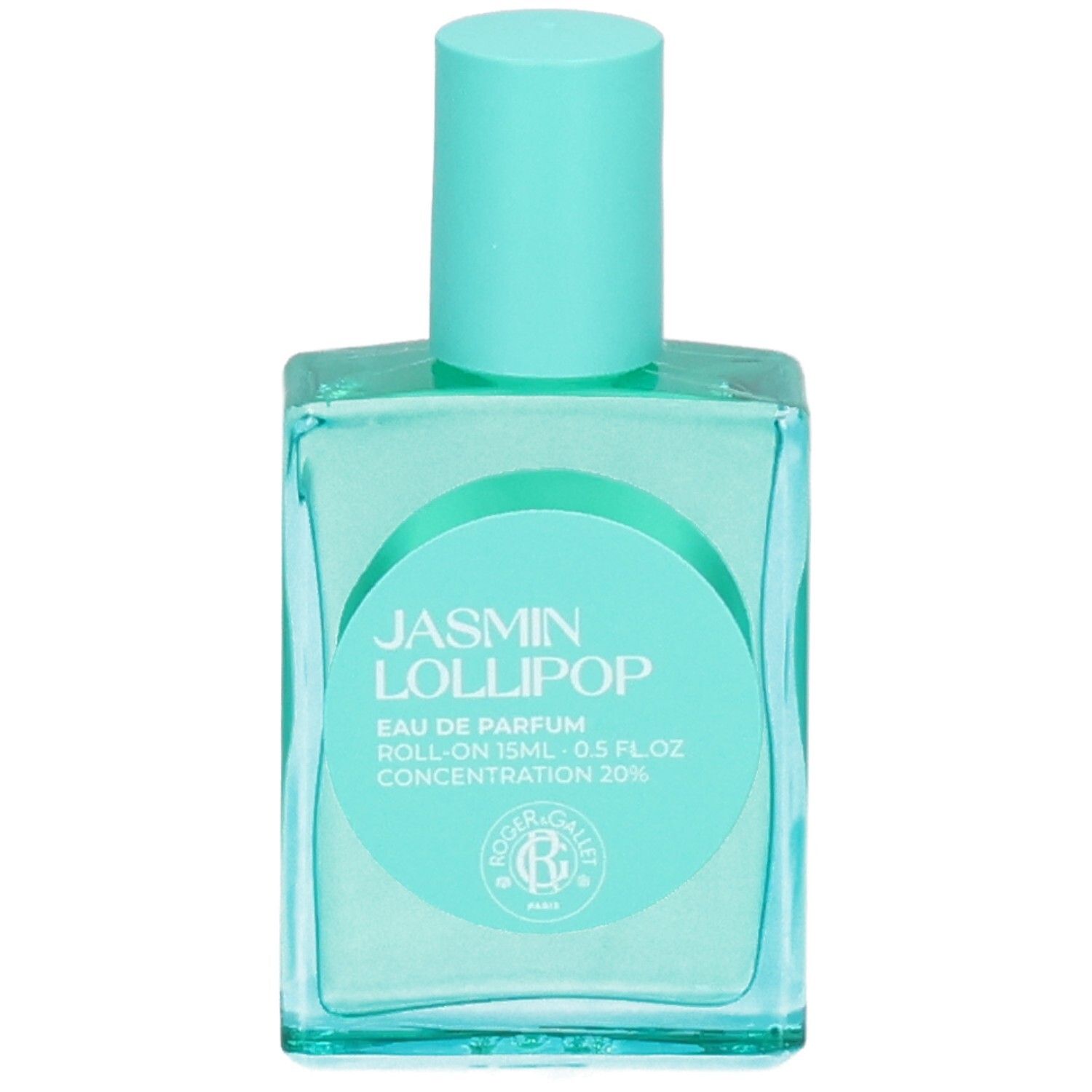 Jasmin Lollipop Eau de Parfum Roll-on. Türkisgrünes Glasflakon mit türkisfarbenem Deckel. Aufkleber mit Text.
