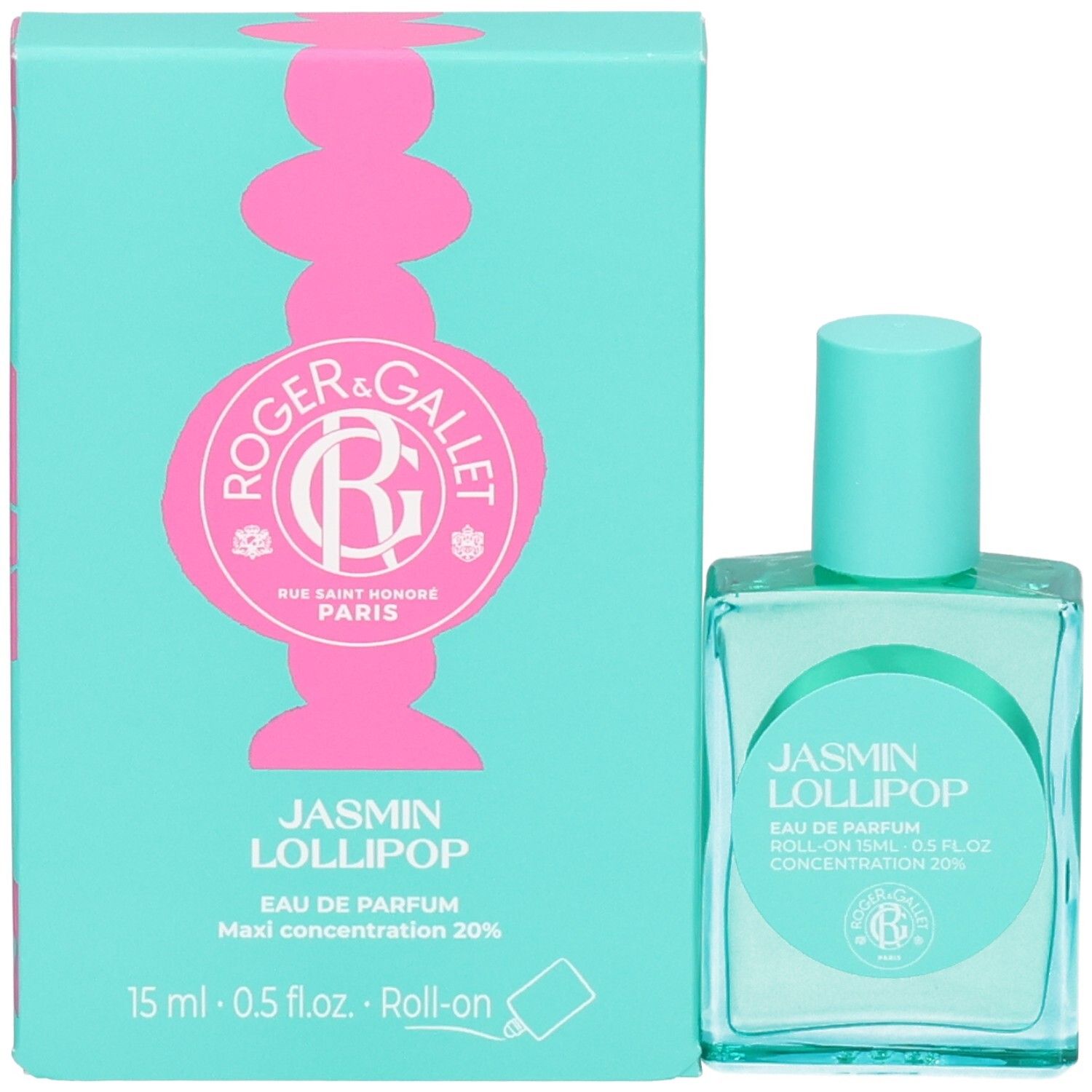 Jasmin Lollipop Eau de Parfum Roll-on und Verpackung. Türkis mit rosa Logo und Text. 15 ml.