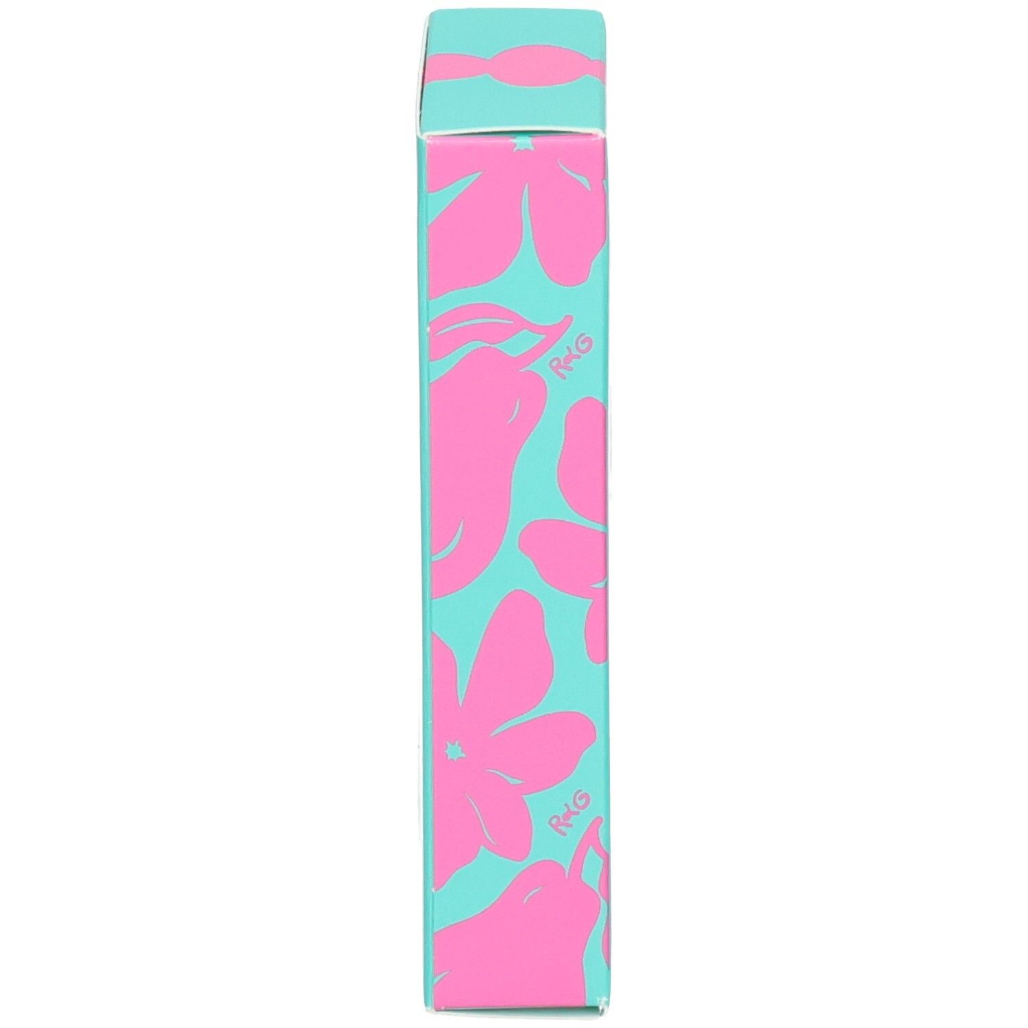Schmale Verpackung für Jasmin Lollipop Eau de Parfum. Türkis mit rosa Blumenmuster und Logo.