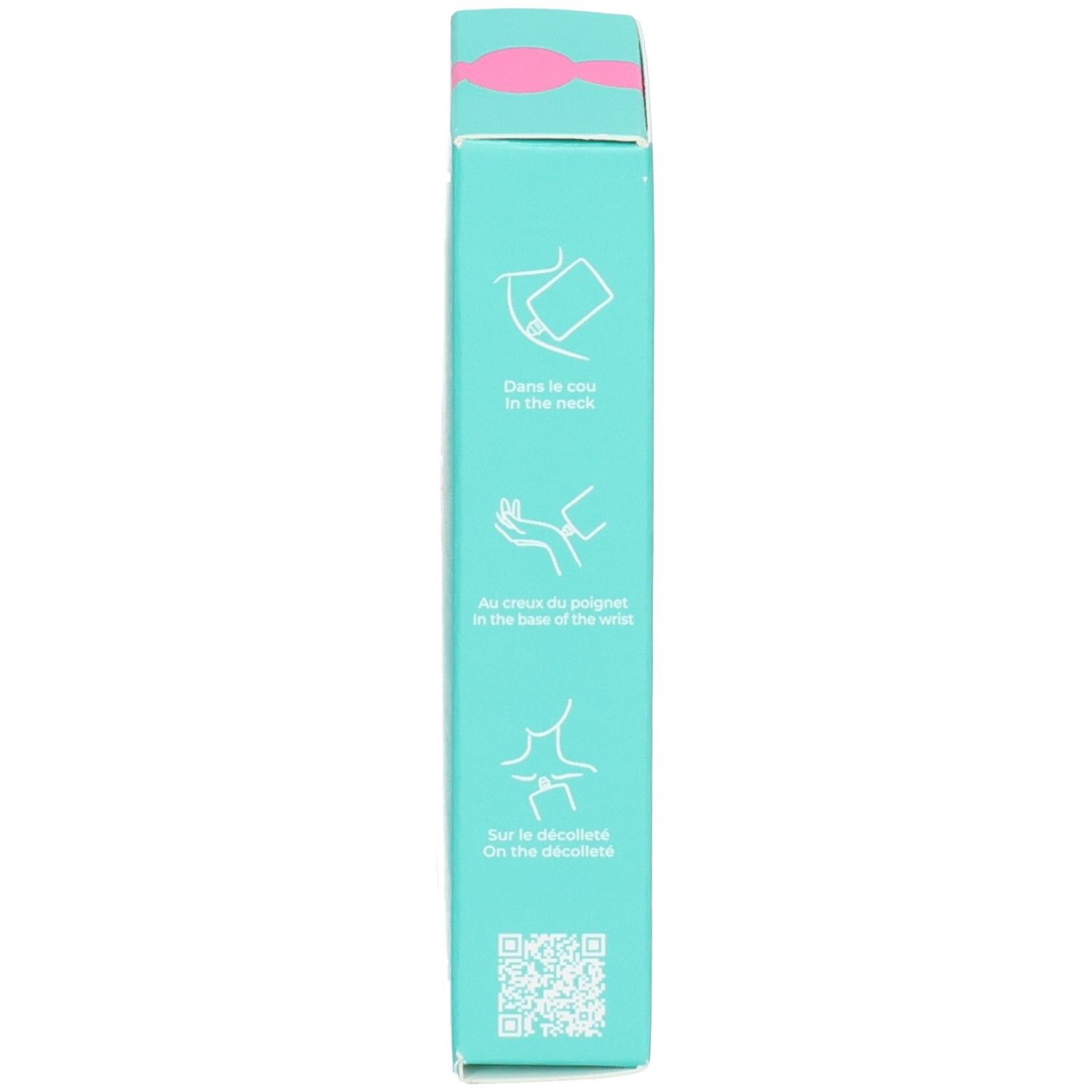 Seite der Verpackung für Jasmin Lollipop Eau de Parfum. Türkis mit rosa Illustrationen und Text.