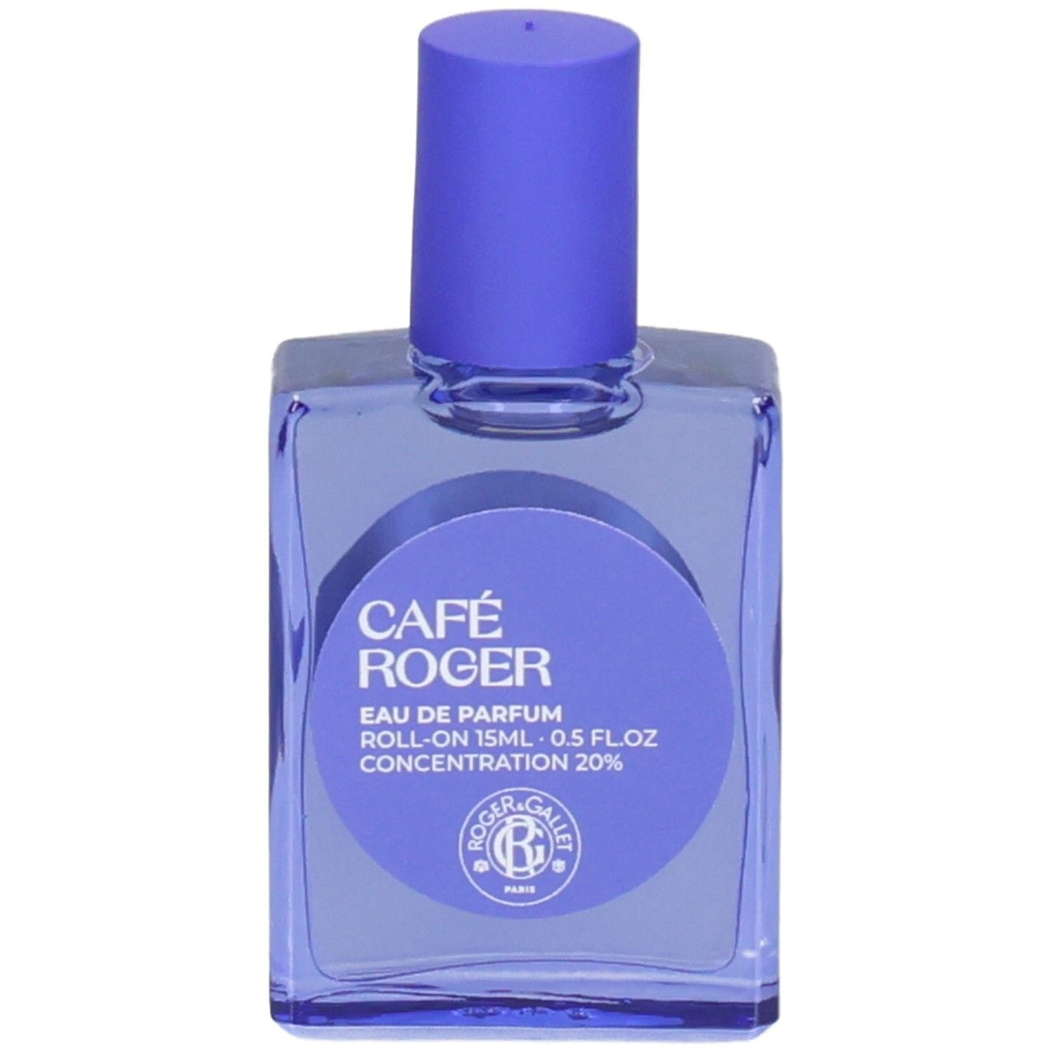 Blaues Roll-on-Parfüm. Aufschrift: Café Roger, Eau de Parfum, Roll-on 15ml, 0.5 fl.oz, Konzentration 20%.
