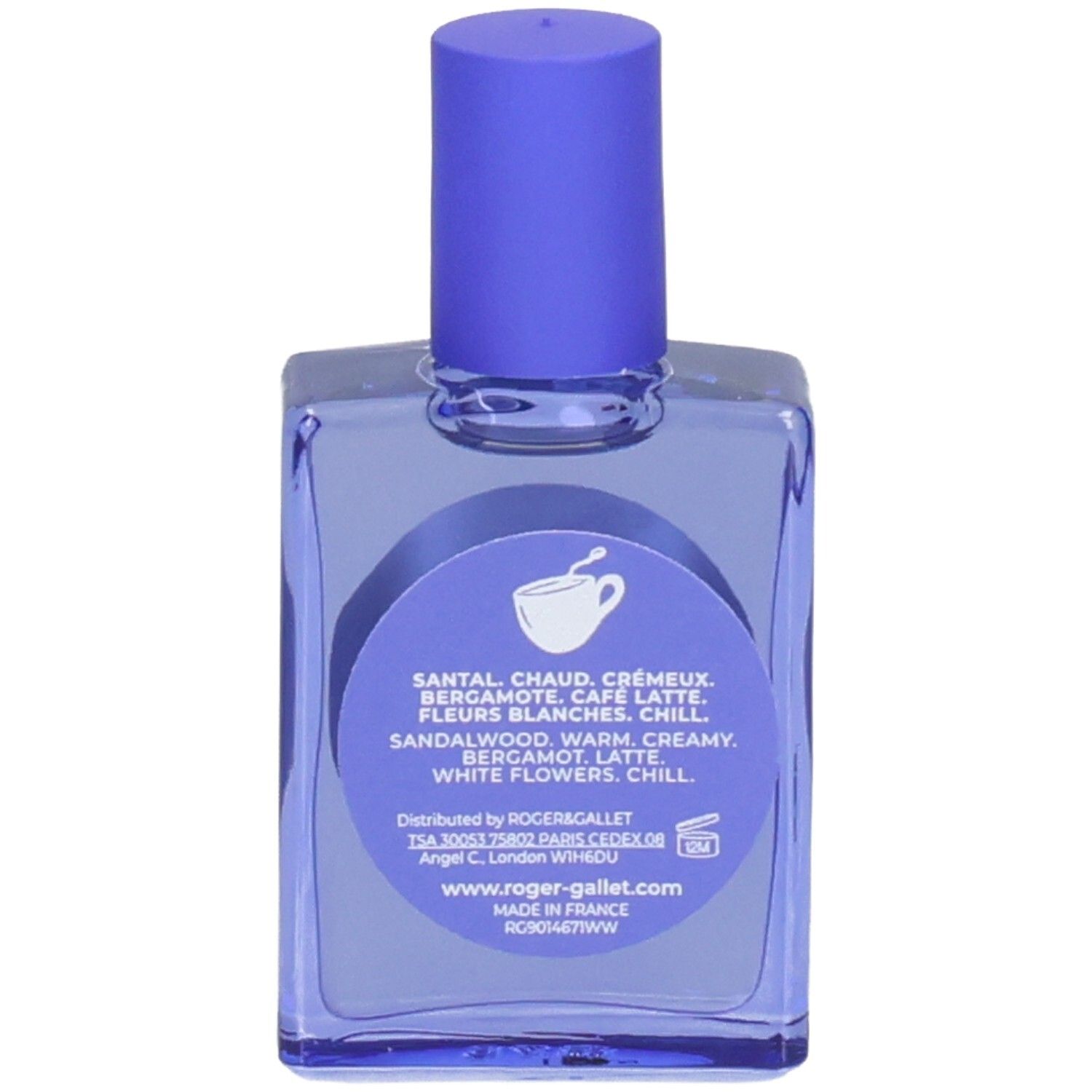 Rückseite des blauen Roll-on-Parfüms. Text: Santal, Chaud, Crémeux, Bergamote, Café Latte, Fleurs Blanches, Chill.