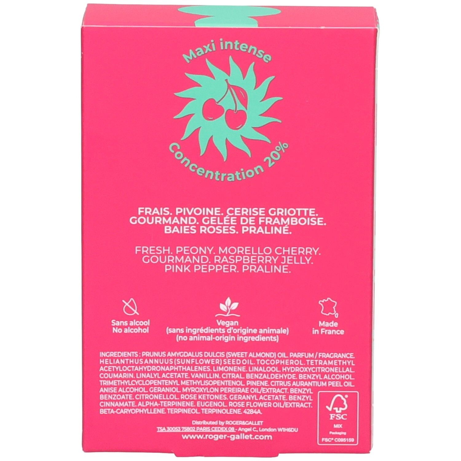 Rückseite der rosa Schachtel. Aufschrift: Inhaltsstoffe, Zertifizierungen. Marke Roger&Gallet.