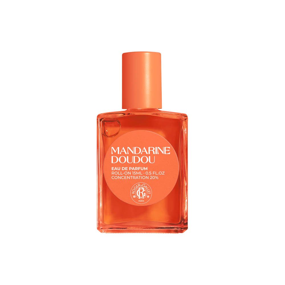 Flacon carré avec applicateur roll-on. Texte: Mandarine Doudou Eau de Parfum. 15 ml. Orange.
