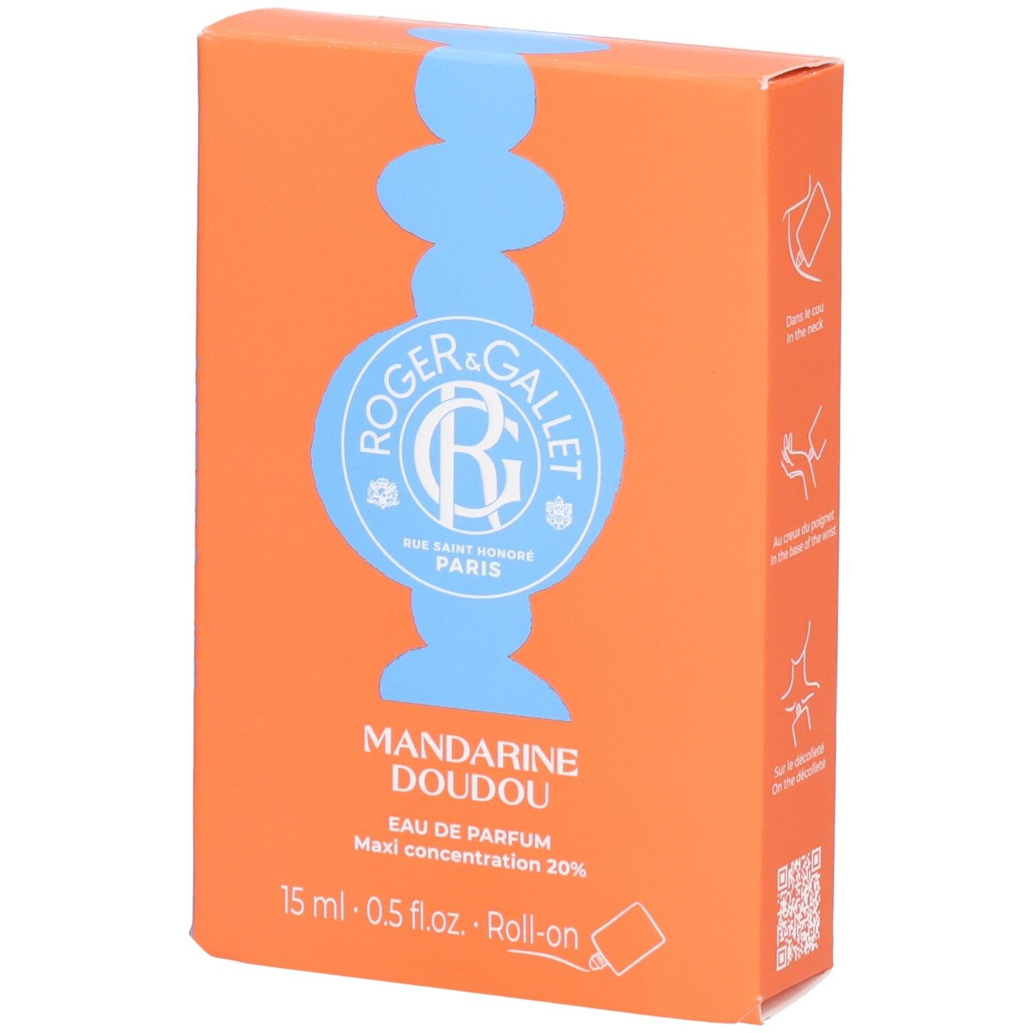 Orangefarbene Schachtel mit Logo und Produktnamen. Text: Mandarine Doudou Eau de Parfum Roll-on. 15 ml.