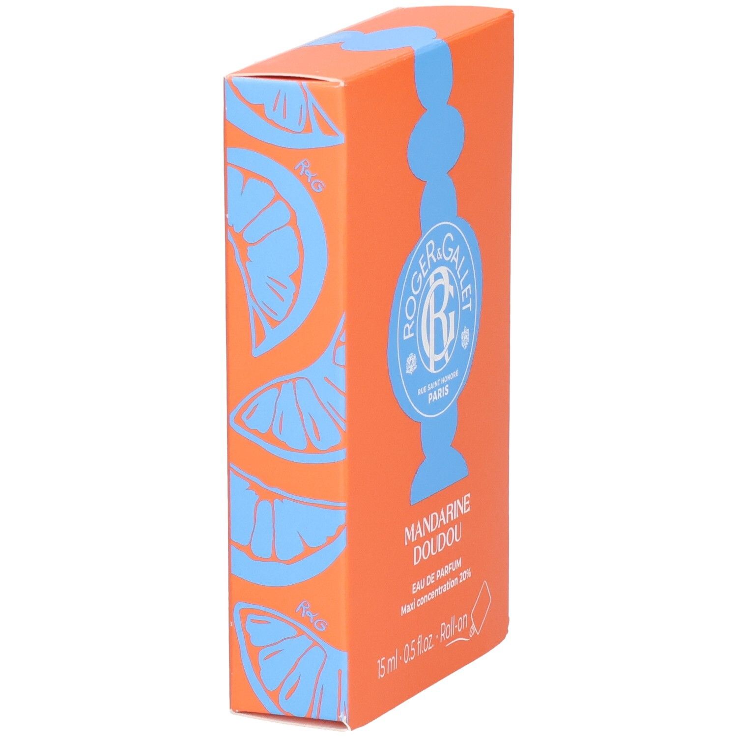 Orangefarbene Schachtel mit Logo und Produktnamen. Mandarine Doudou Eau de Parfum Roll-on. Zitrusscheiben.