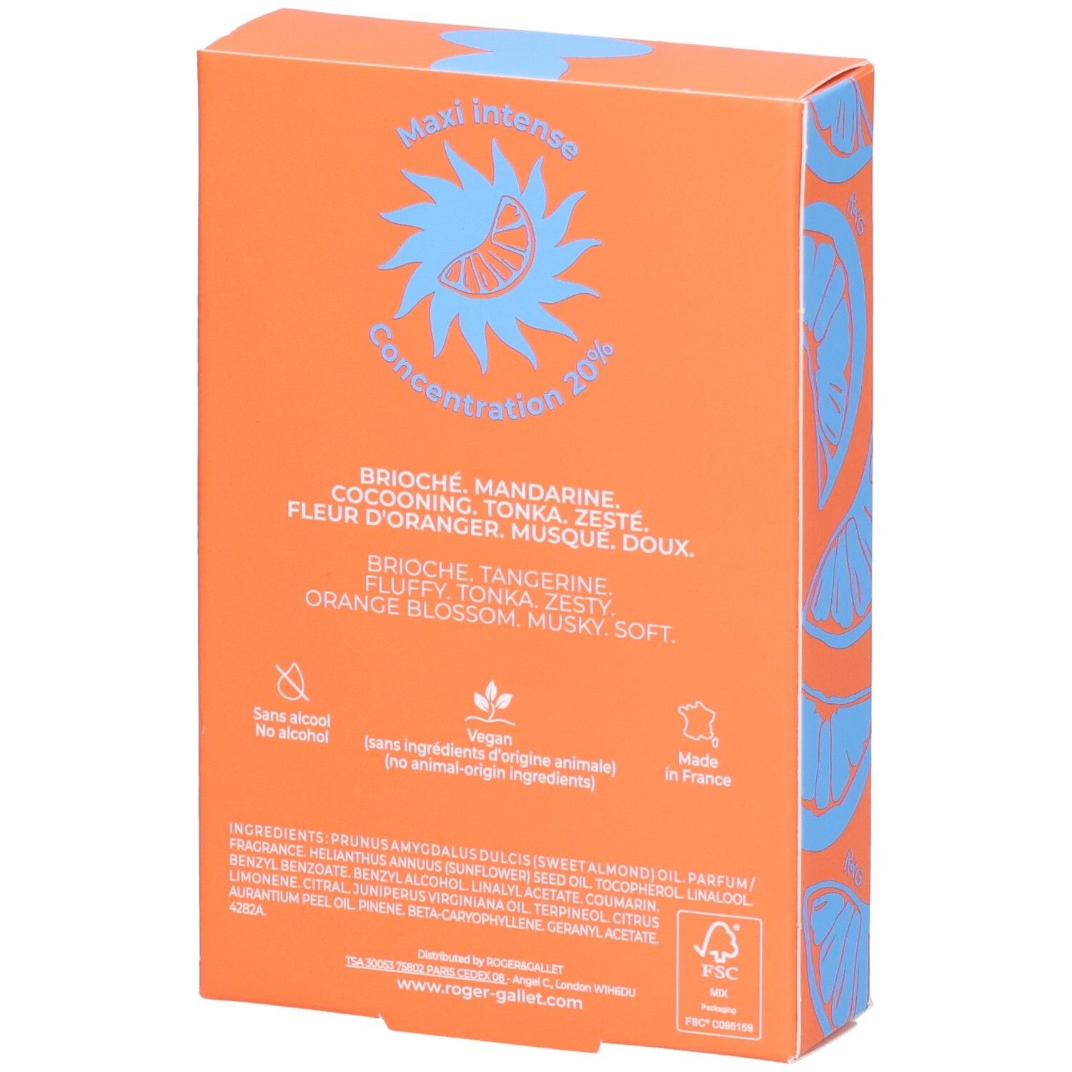 Orangefarbene Schachtel mit Inhaltsstoffen und Logo. Text: Mandarine Doudou. Vegan. Ohne Alkohol. Made in France.