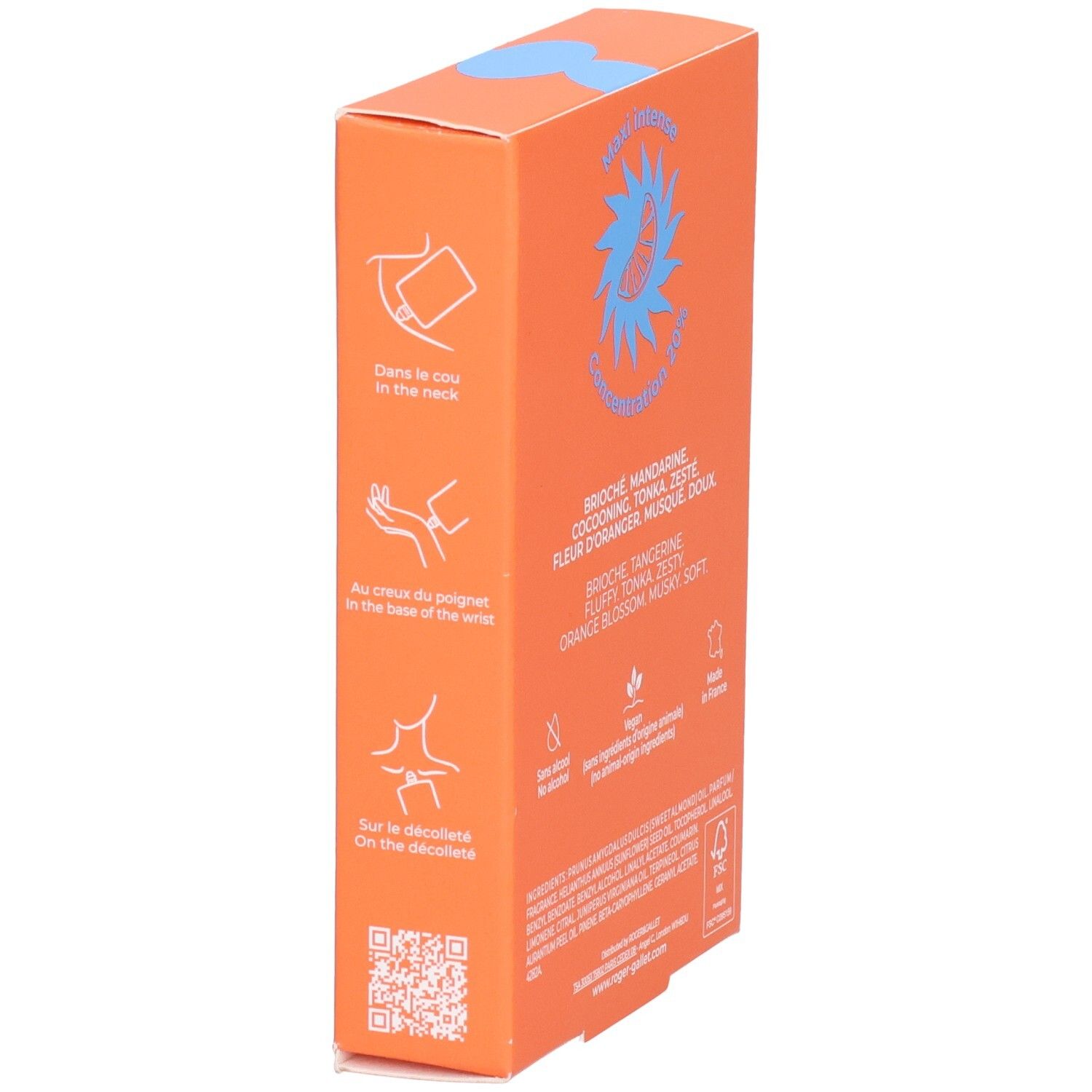 Orangefarbene Schachtel mit Logo und Anwendungsbeispielen. Text: Mandarine Doudou. Ohne Alkohol. Auf Hals, Handgelenk, Dekolleté.