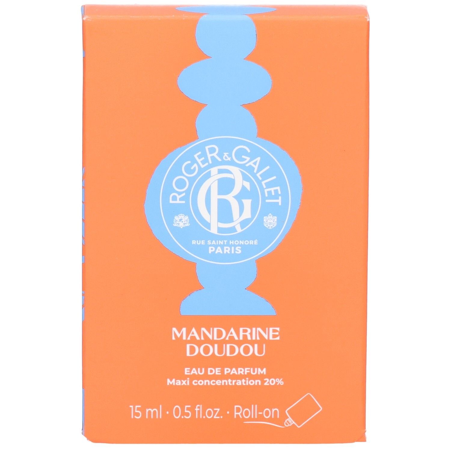 Orangefarbene Schachtel mit Logo und Produktnamen. Text: Mandarine Doudou Eau de Parfum Roll-on. 15 ml.