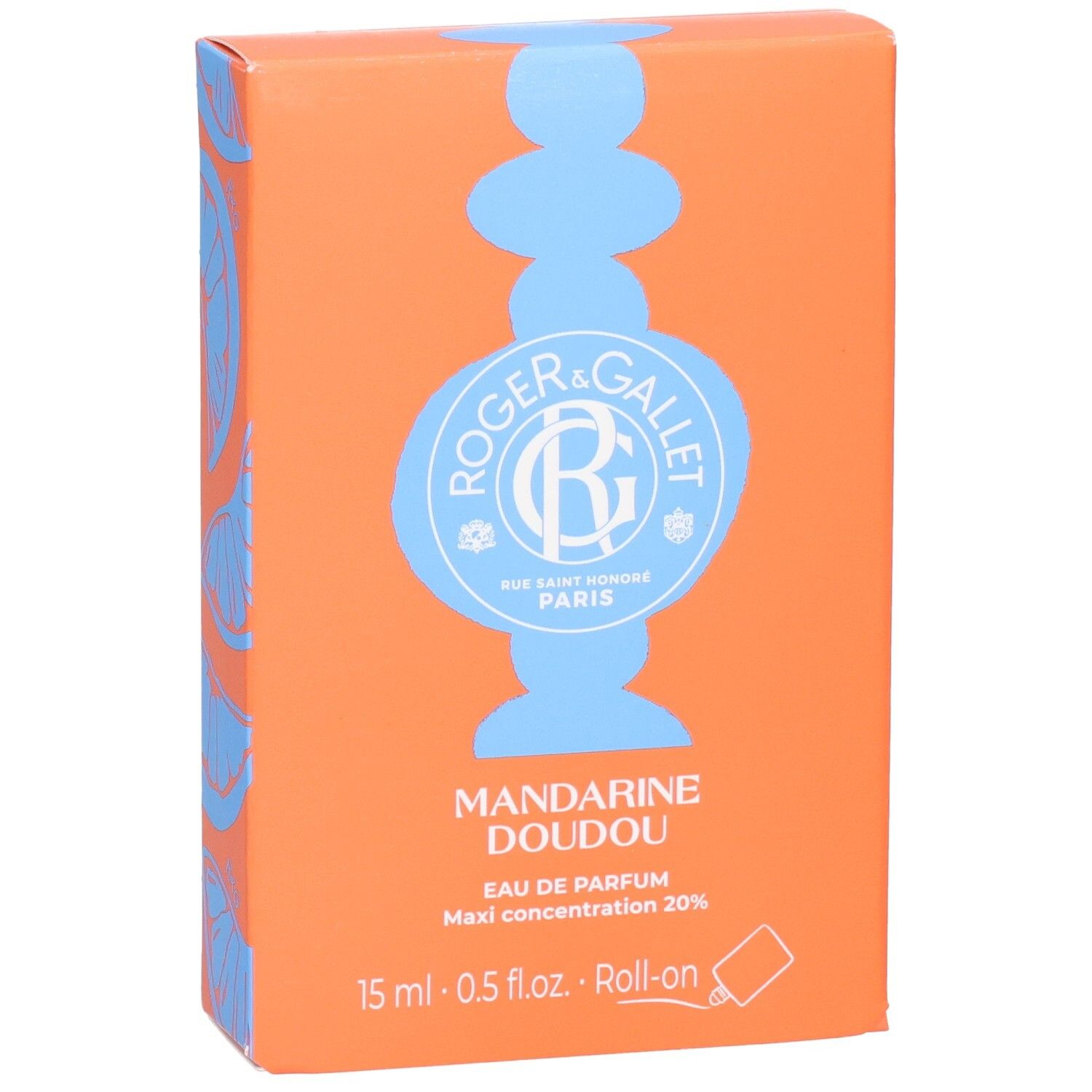 Orangefarbene Schachtel mit Logo und Produktnamen. Text: Mandarine Doudou Eau de Parfum Roll-on. 15 ml.