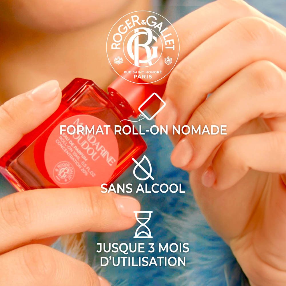 Mains avec flacon. Texte: Format Roll-on Nomade. Sans alcool. Jusqu'à 3 mois d'utilisation. Orange.