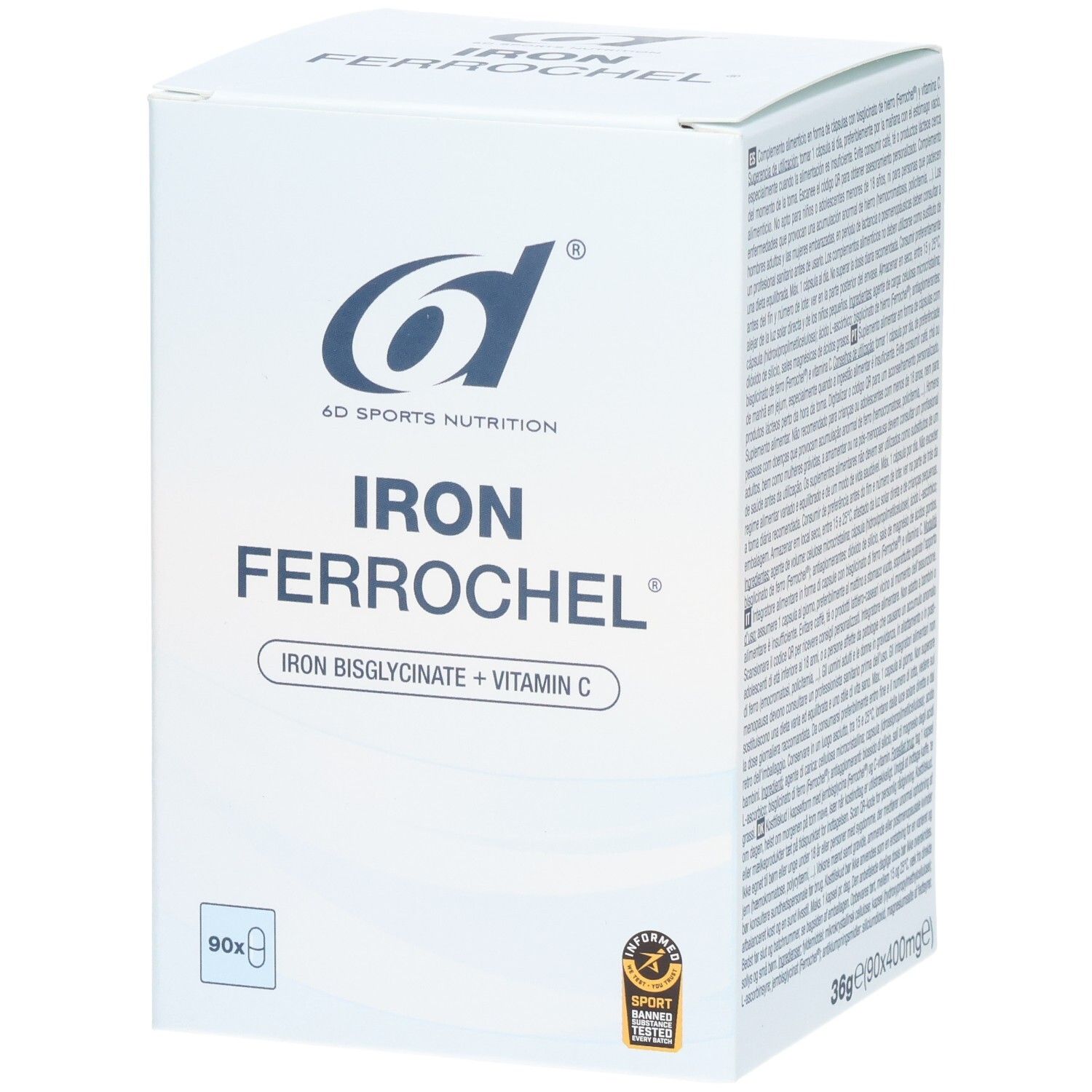 Weiße Schachtel mit Produktnamen und Logo. Enthält 90 Kapseln. Aufschrift: IRON Ferrochel, Eisenbisglycinat + Vitamin C.