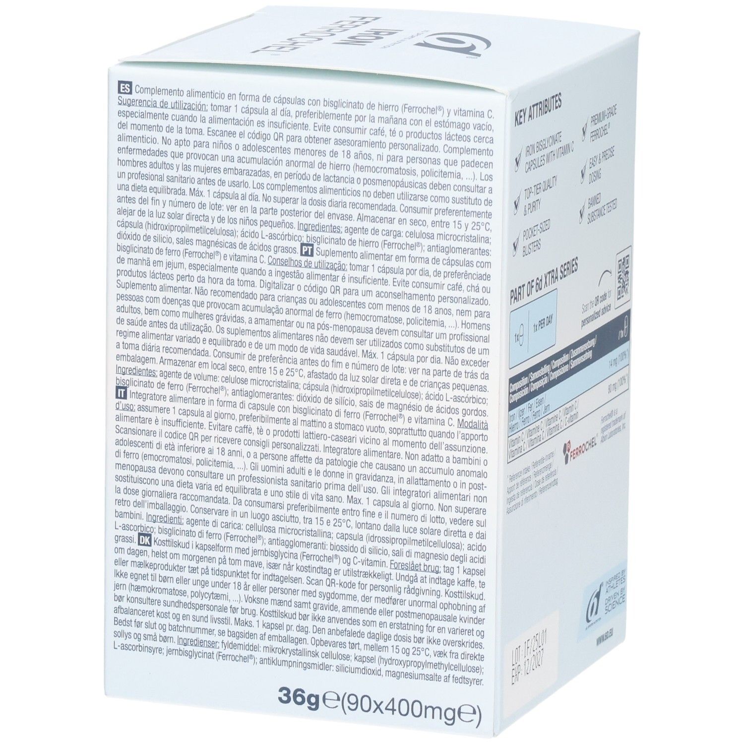 Weiße Schachtel mit Produktnamen und Logo. Enthält 90 Kapseln. Aufschrift: IRON Ferrochel, Eisenbisglycinat + Vitamin C.