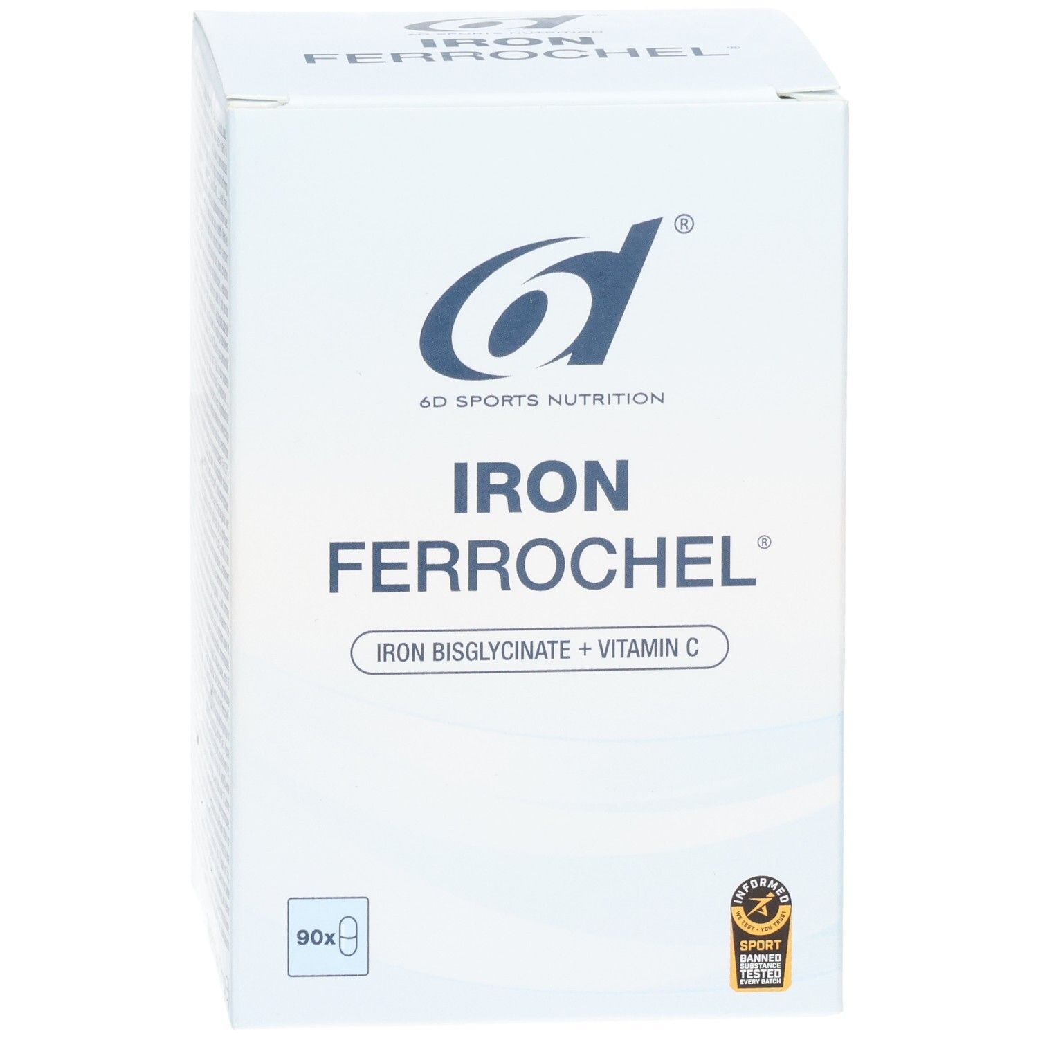 Weiße Schachtel mit Produktnamen und Logo. Enthält 90 Kapseln. Aufschrift: IRON Ferrochel, Eisenbisglycinat + Vitamin C.