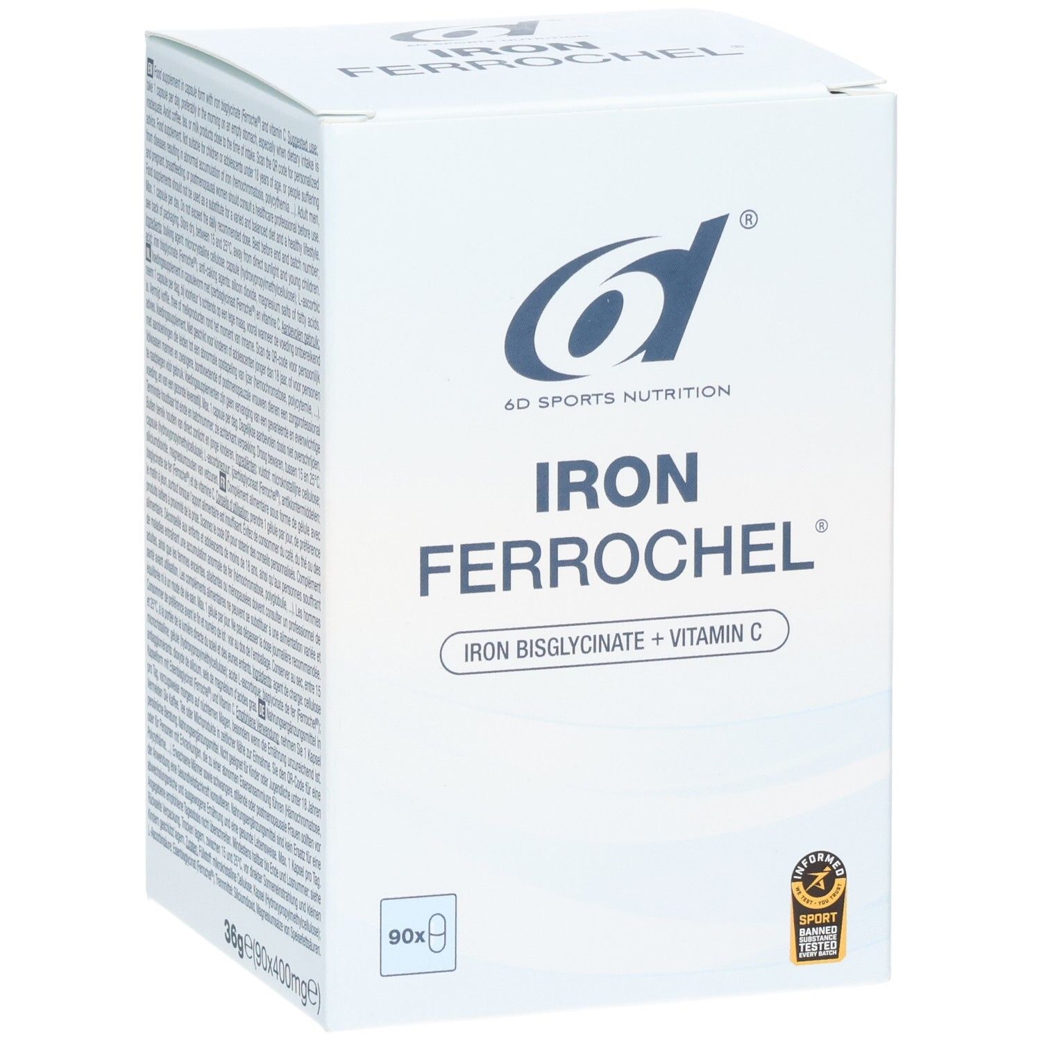 Geöffnete Schachtel mit Blistern. Enthält Kapseln. Aufschrift: IRON Ferrochel, Eisenbisglycinat + Vitamin C. Logo.
