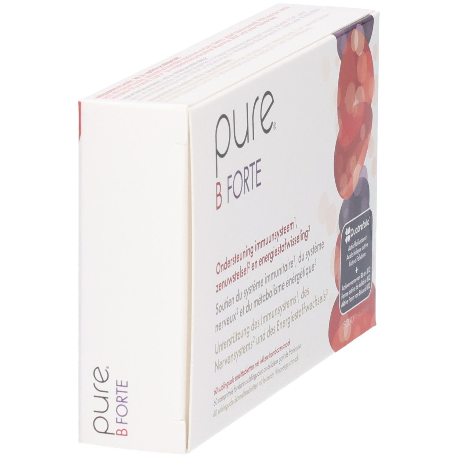 Seitenansicht der Packung Pure B Forte mit 60 Lutschtabletten. Enthält B-Vitamine und Folsäure.
