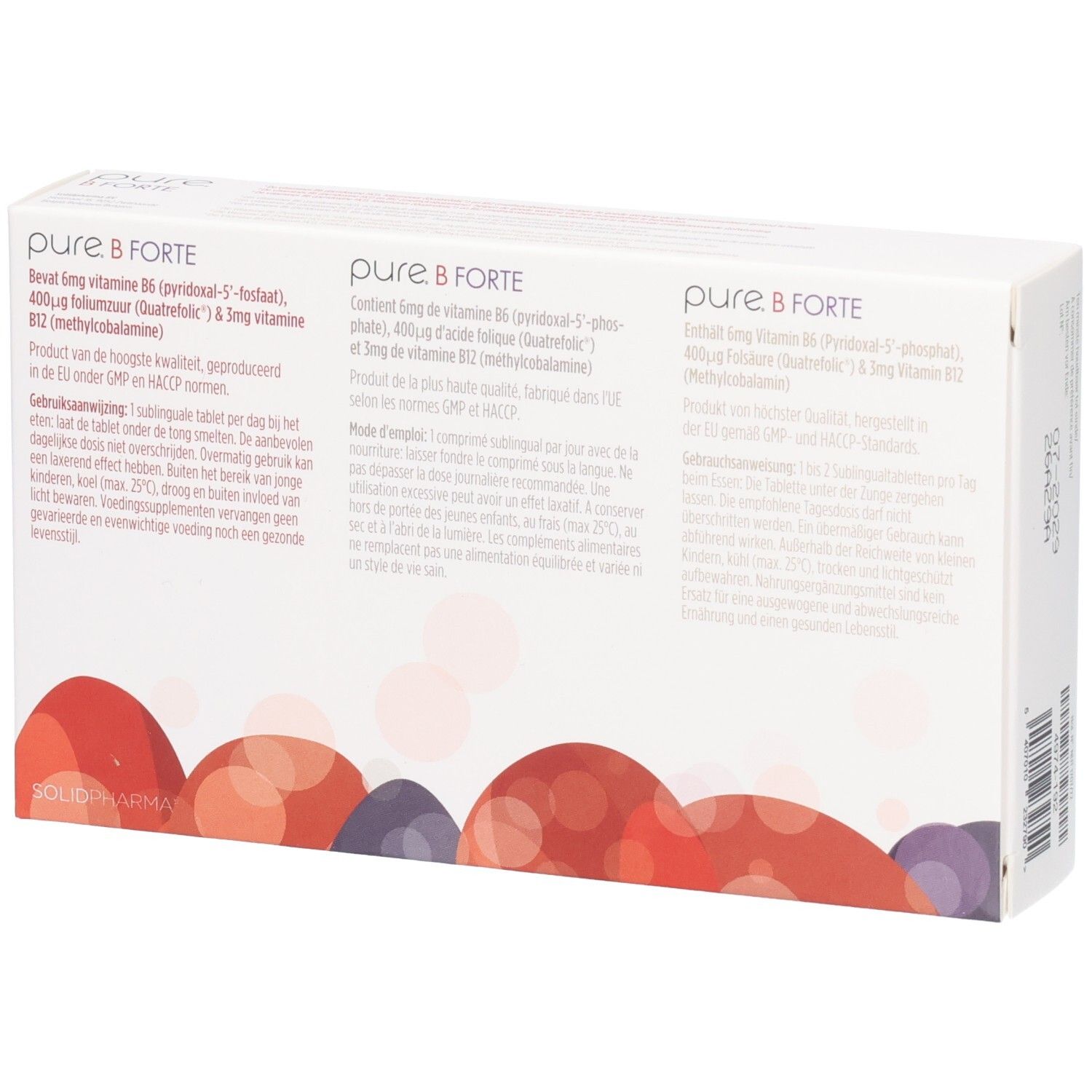 Rückseite der Pure B Forte Packung. Informationen zu Inhaltsstoffen und Anwendung.