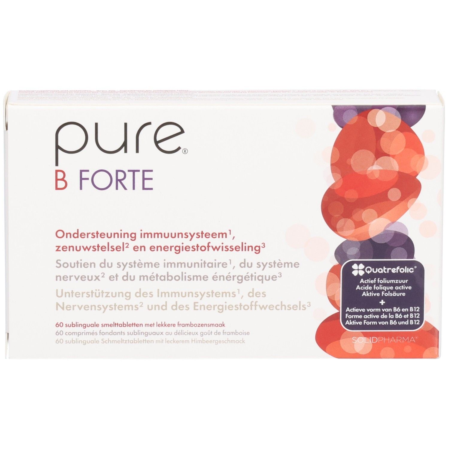 Vorderseite der Pure B Forte Packung. Enthält 60 Lutschtabletten für Immunsystem und Energie.