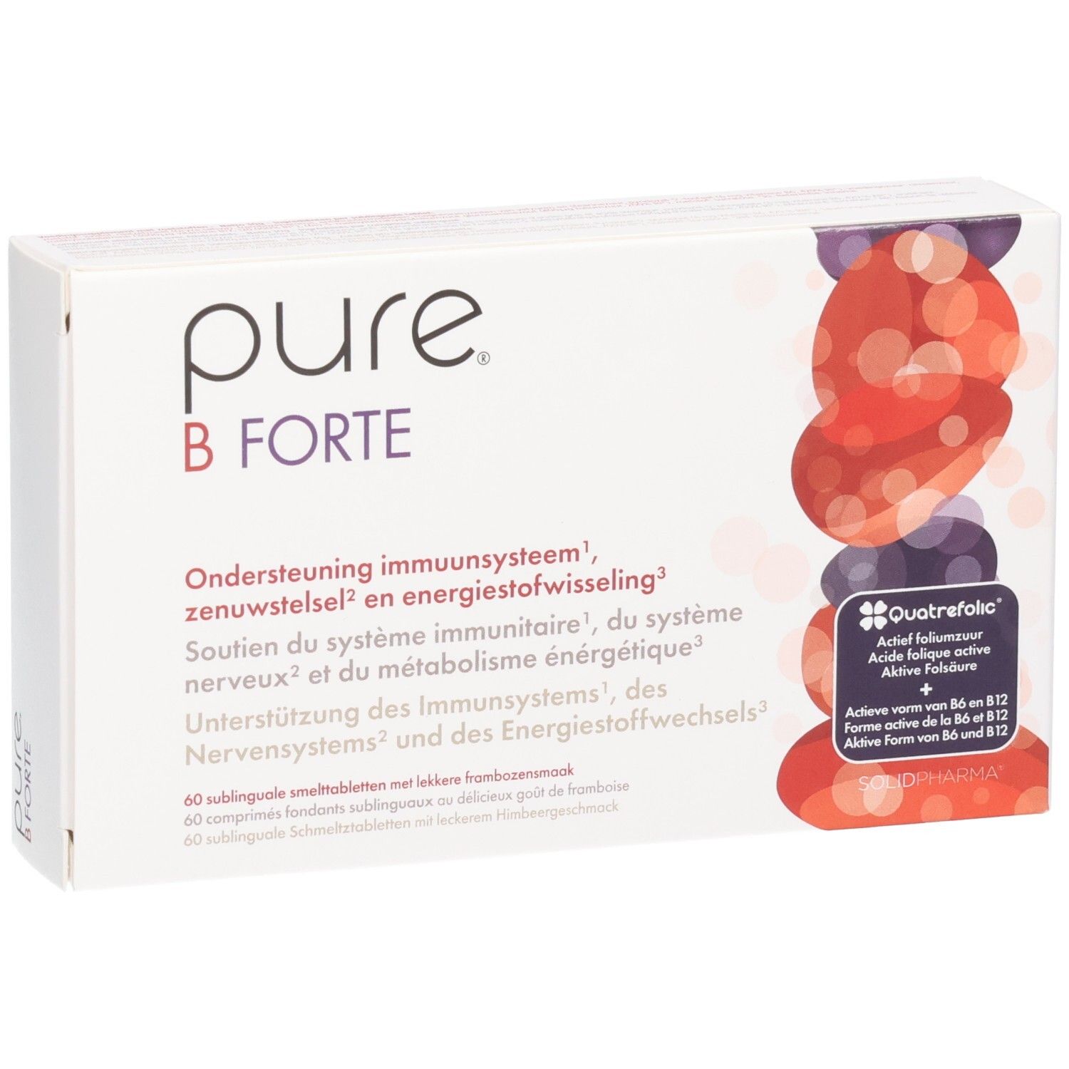 Packung Pure B Forte mit 60 Lutschtabletten. Enthält Quatrefolic® und B-Vitamine.