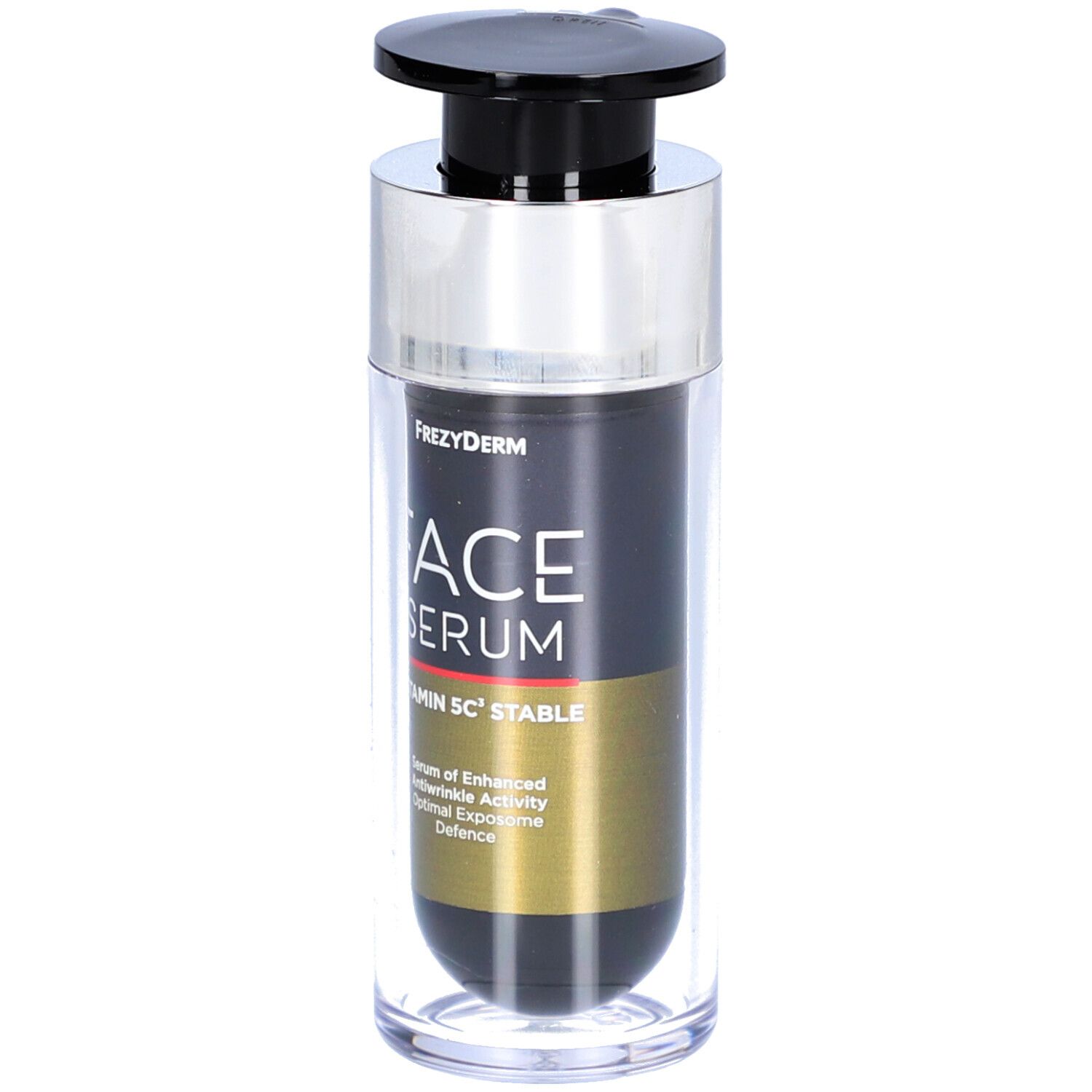Sérum Frezyderm Face Vitamin 5C Stable. Flacon noir avec pompe. Nom et ingrédients imprimés.