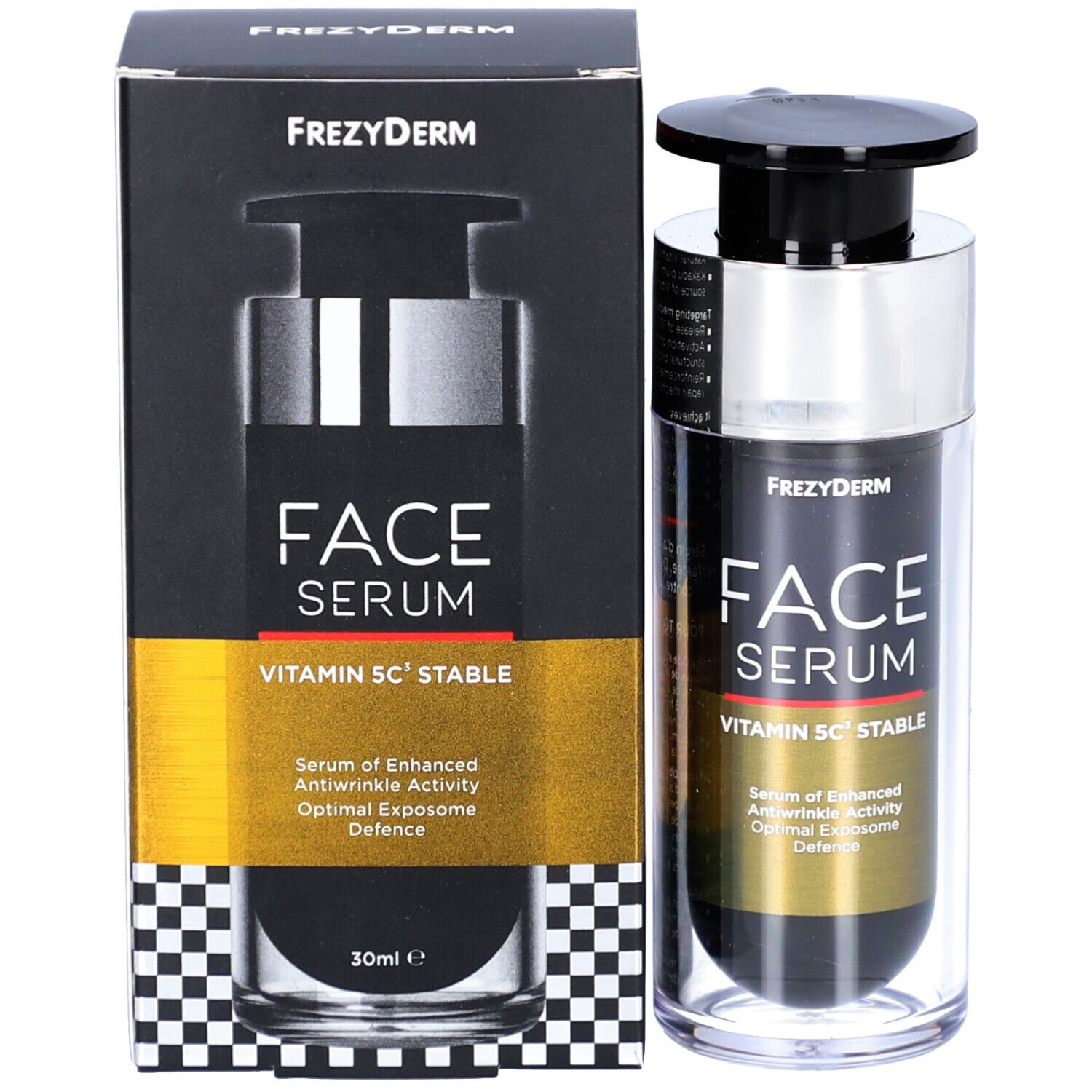Sérum Frezyderm Face Vitamin 5C Stable et emballage. Boîte noire avec nom et ingrédients.
