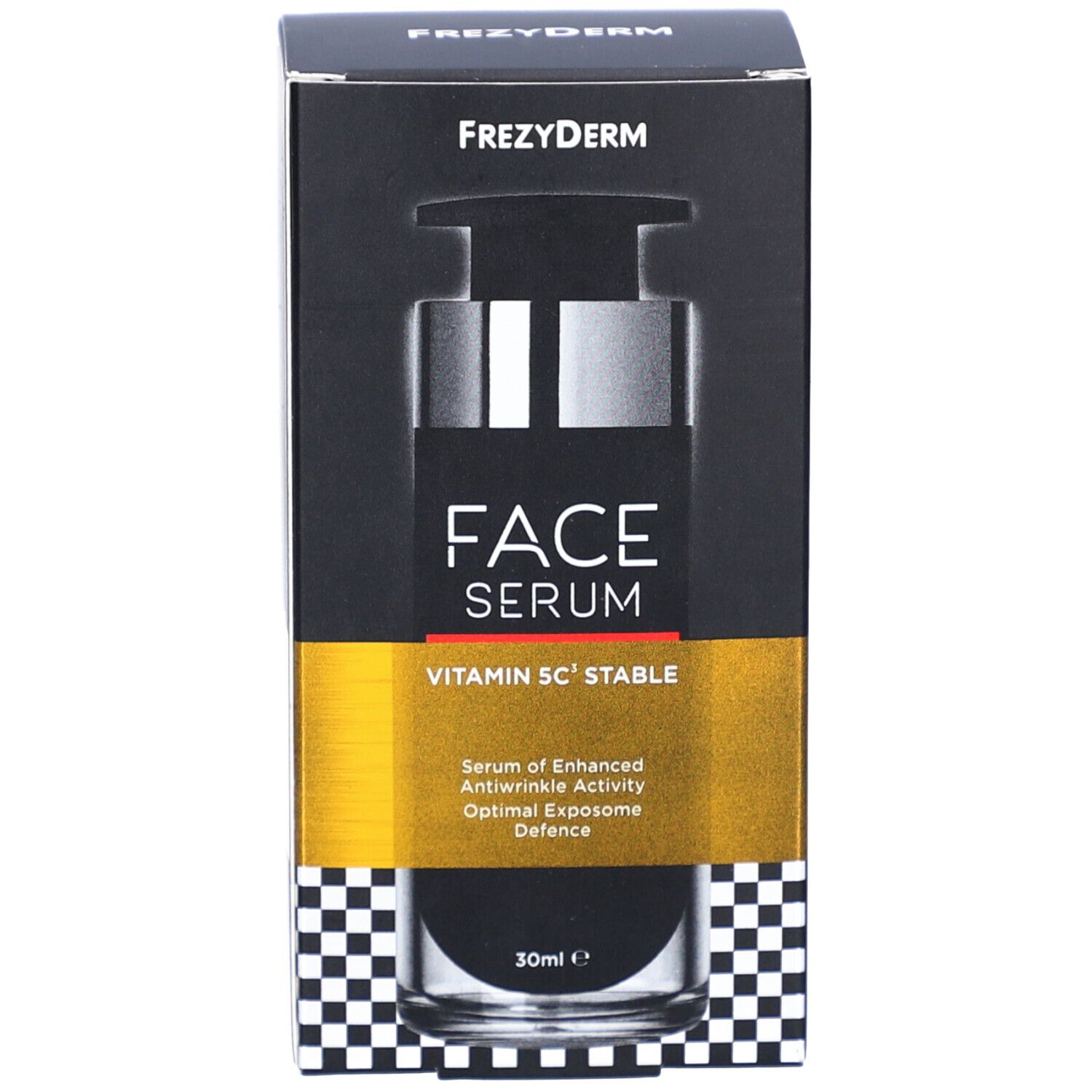 Sérum Frezyderm Face Vitamin 5C Stable. Emballage. Boîte noire avec nom et ingrédients.