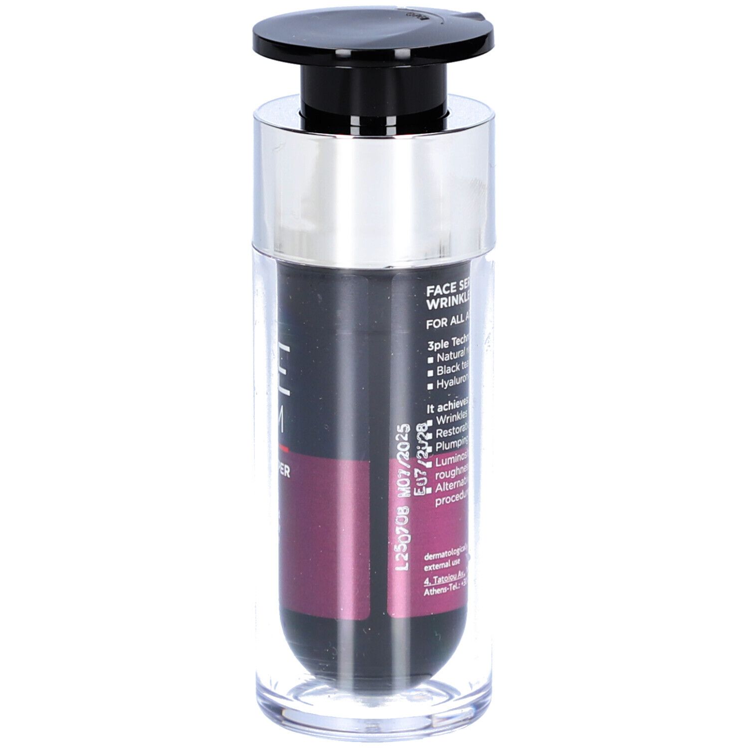 Flacon de sérum avec pompe noire. Inscription : FACE SERUM WRINKLE PLUMPER. Texte au dos. Base transparente. Date de péremption.