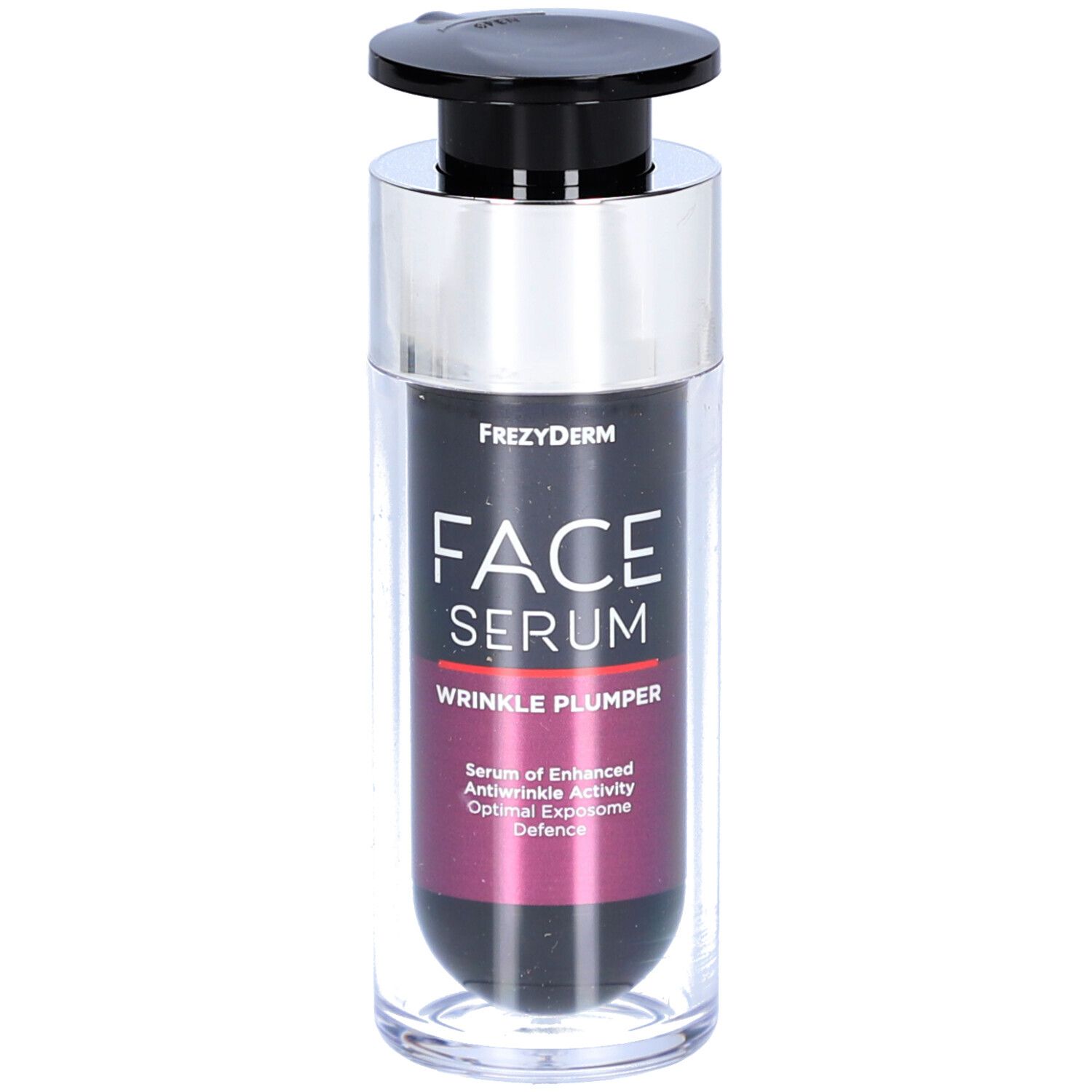 Flacon de sérum avec pompe noire et col argenté. Inscription : FACE SERUM WRINKLE PLUMPER. Dégradé de noir à rose.