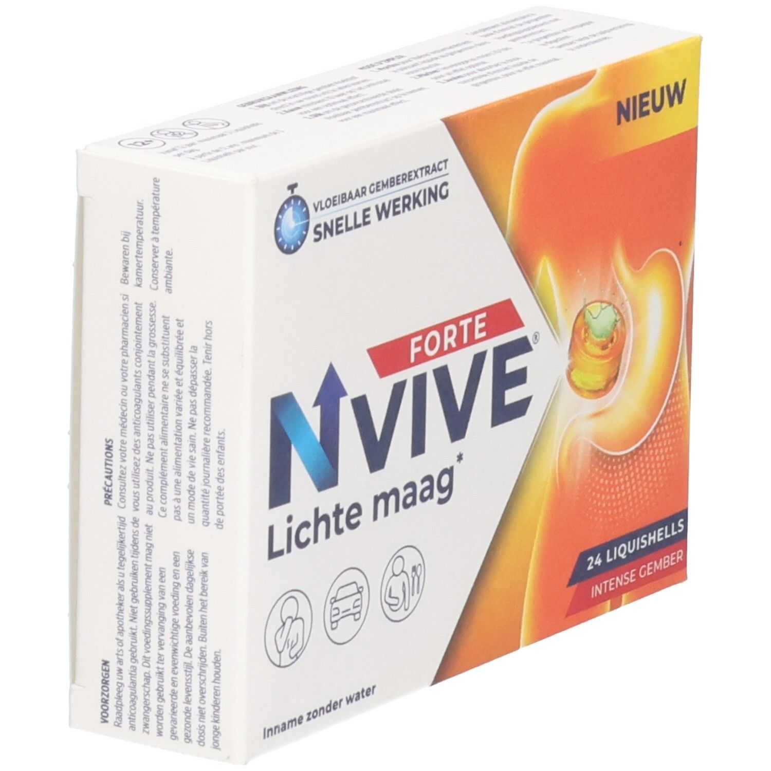 Weiße Schachtel Nvive Forte Lichte maag. Enthält 24 Liquishells. Aufdruck: Vloeibaar gemberextract, snelle werking. Produktansicht schräg.