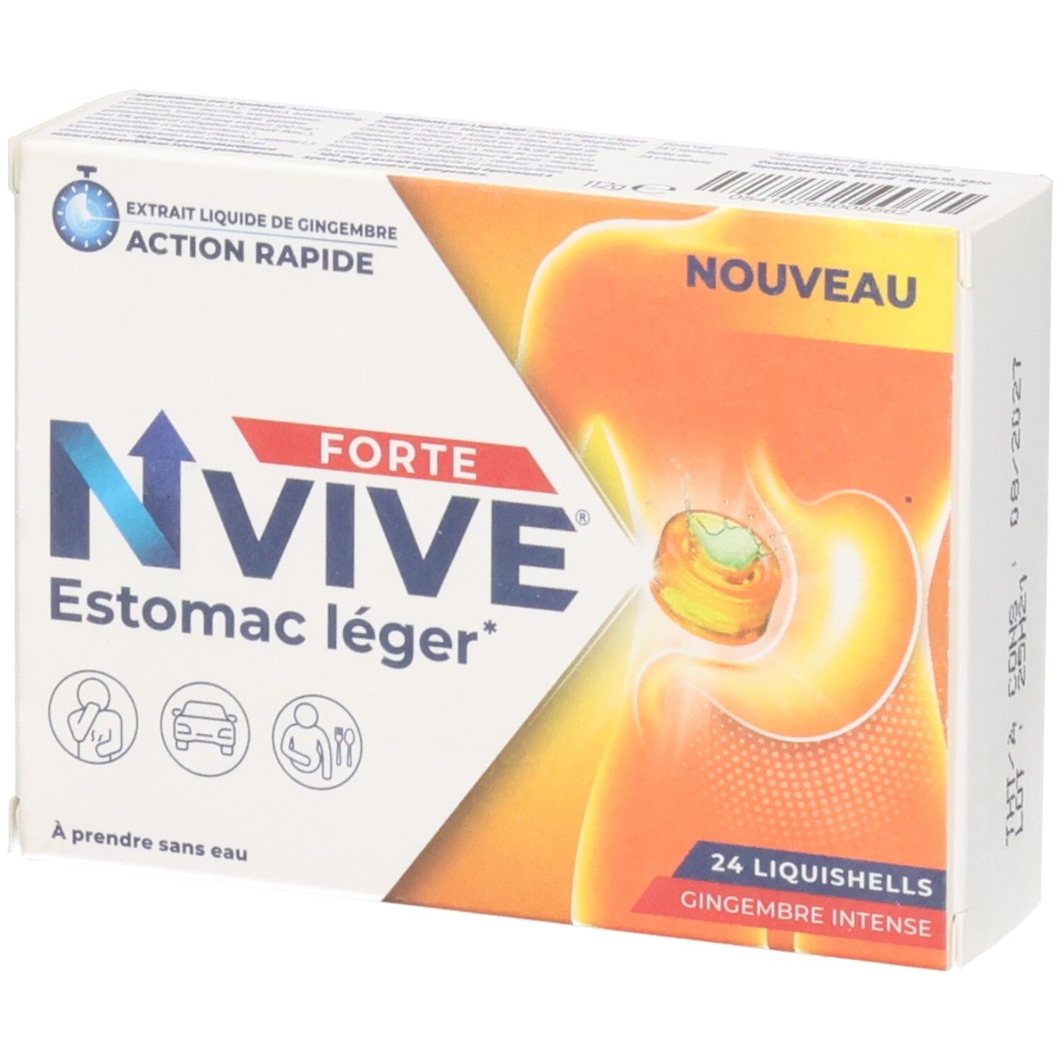 Weiße Schachtel mit Nvive Forte Estomac léger. Enthält 24 Liquishells. Aufdruck: Extrait liquide de gingembre, action rapide. Nouveau.