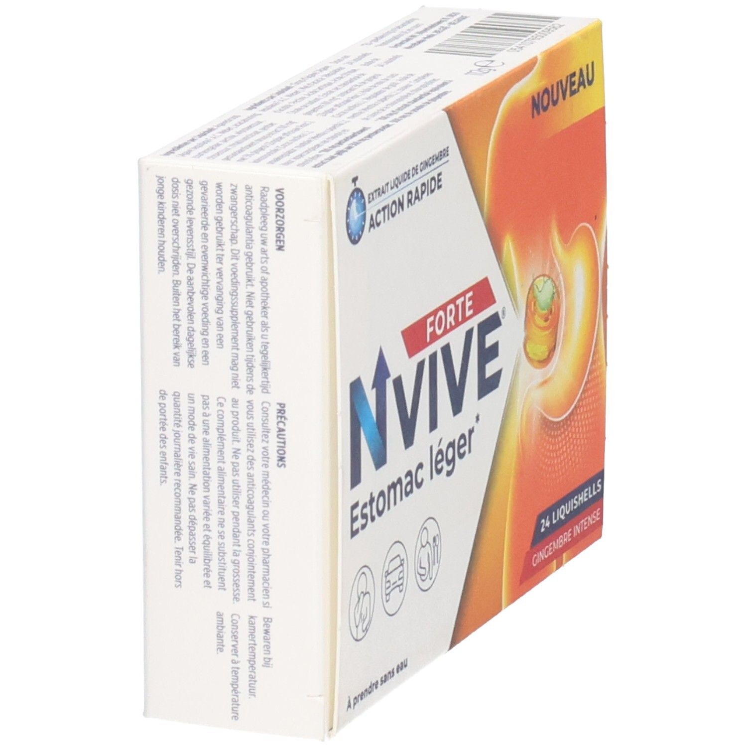 Weiße Schachtel Nvive Forte Estomac léger. Enthält 24 Liquishells. Aufdruck: Extrait liquide de gingembre, action rapide. Produktansicht schräg.