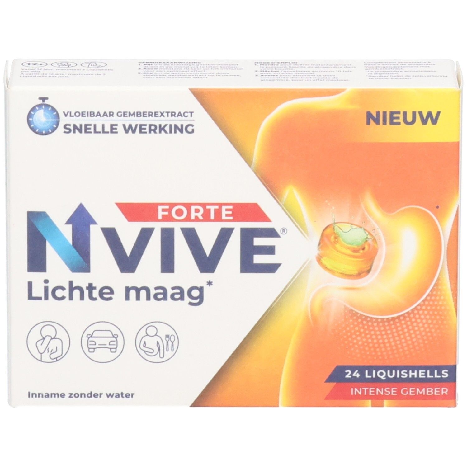 Weiße Schachtel mit Nvive Forte Lichte maag. Enthält 24 Liquishells. Aufdruck: Vloeibaar gemberextract, snelle werking. Neu.