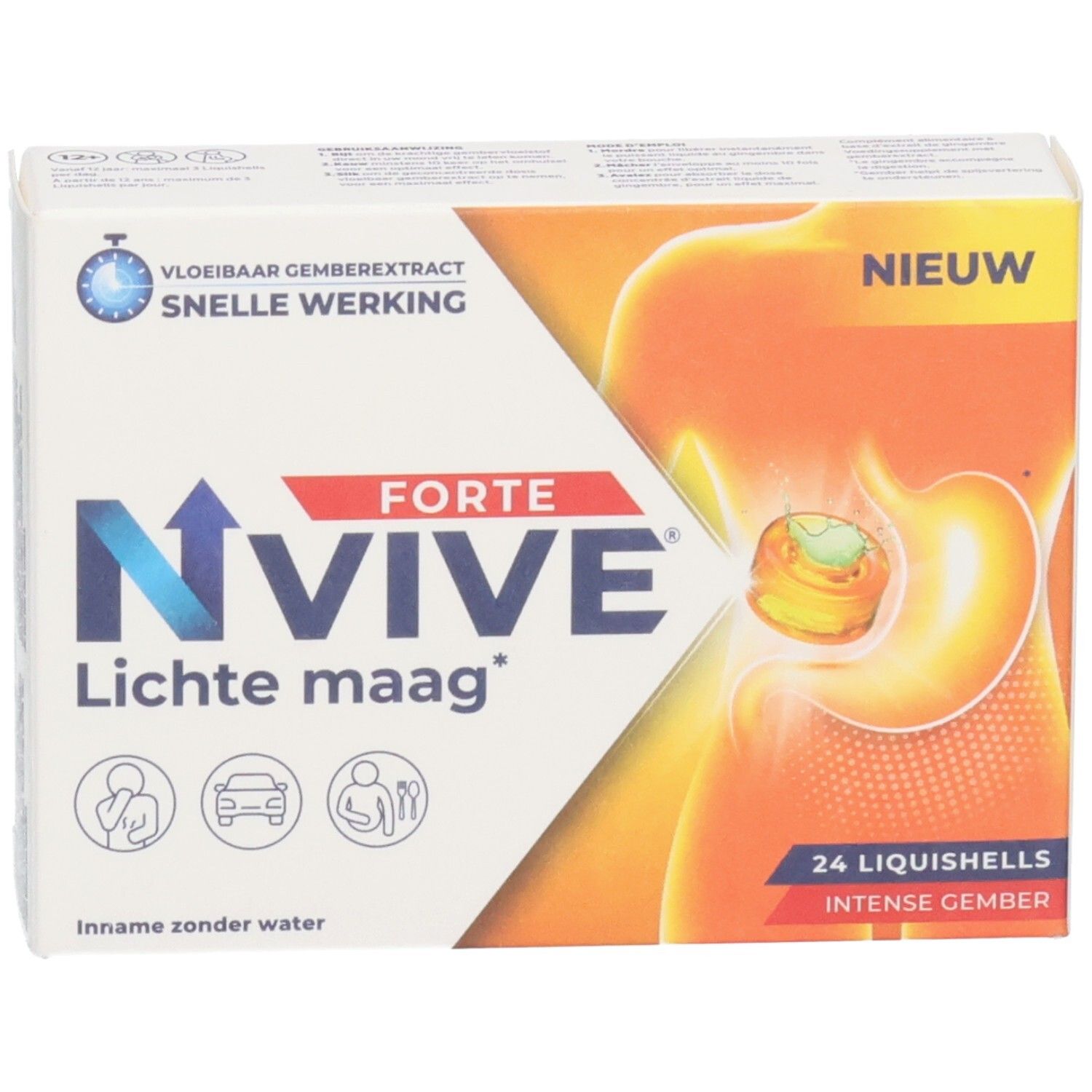 Weiße Schachtel mit Nvive Forte Lichte maag. Enthält 24 Liquishells. Aufdruck: Vloeibaar gemberextract, snelle werking. Neu.