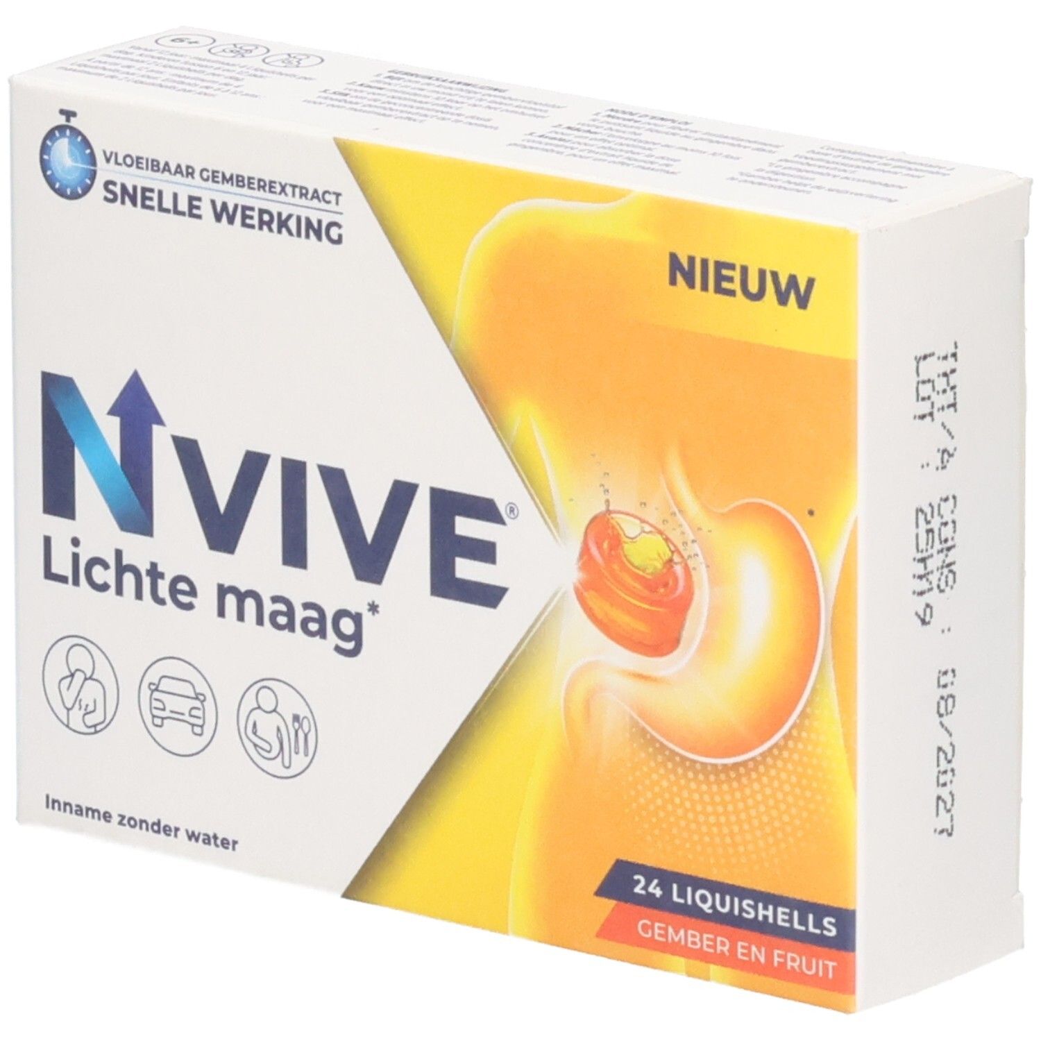 Schachtel mit NVive Lichte maag*. Enthält 24 Liquishells. Aufschrift: Vloeibaar gemberextract, snelle werking. Mit Illustration.