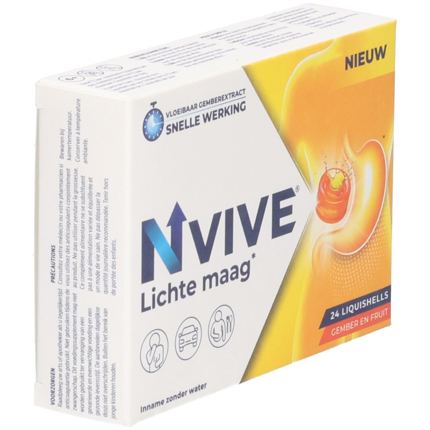 Schachtel NVive Lichte maag*. Enthält 24 Liquishells. Aufschrift: Vloeibaar gemberextract, snelle werking. Mit Illustration.