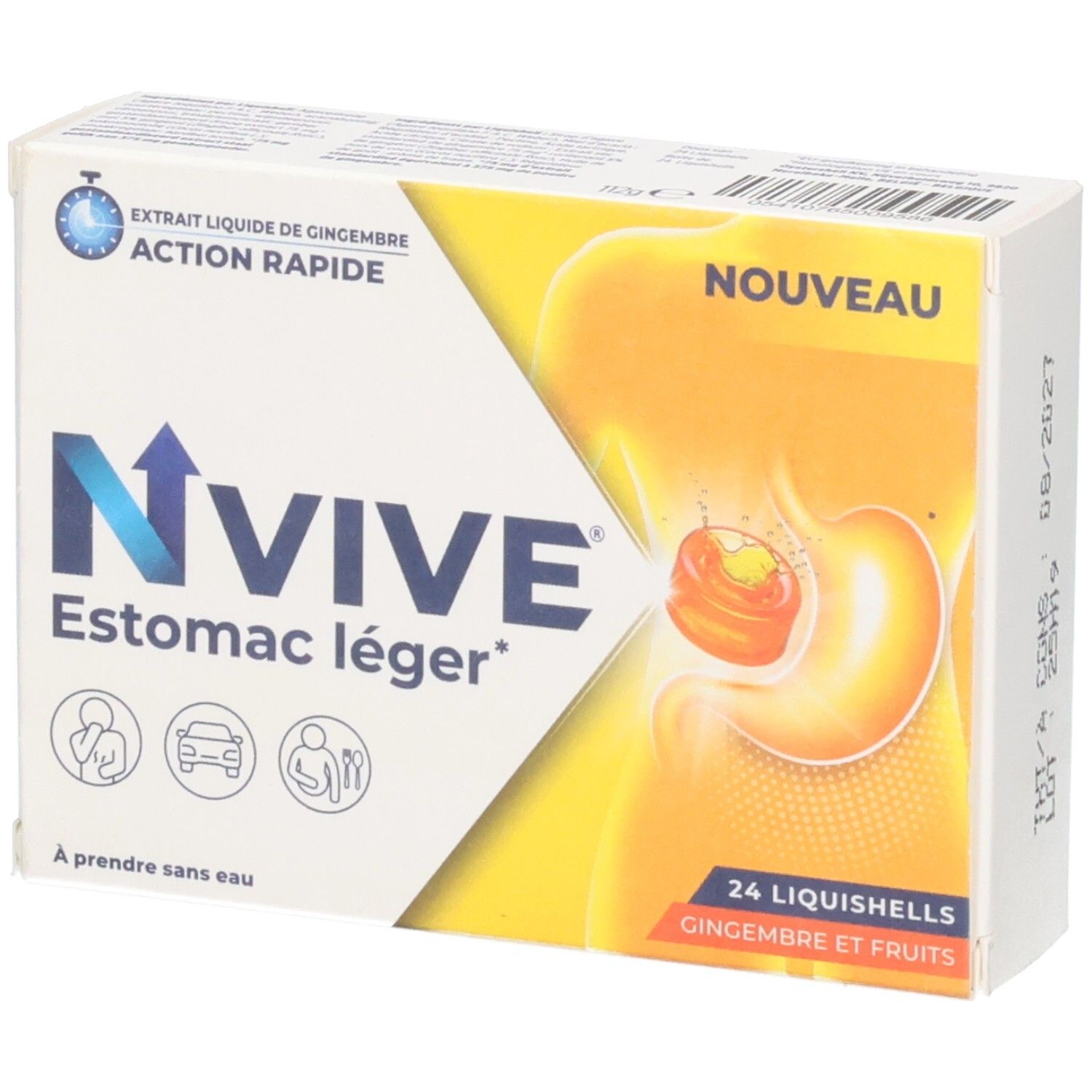 Schachtel mit NVive Estomac léger*. Enthält 24 Liquishells. Aufschrift: Extrait liquide de gingembre, action rapide. Mit Illustration.